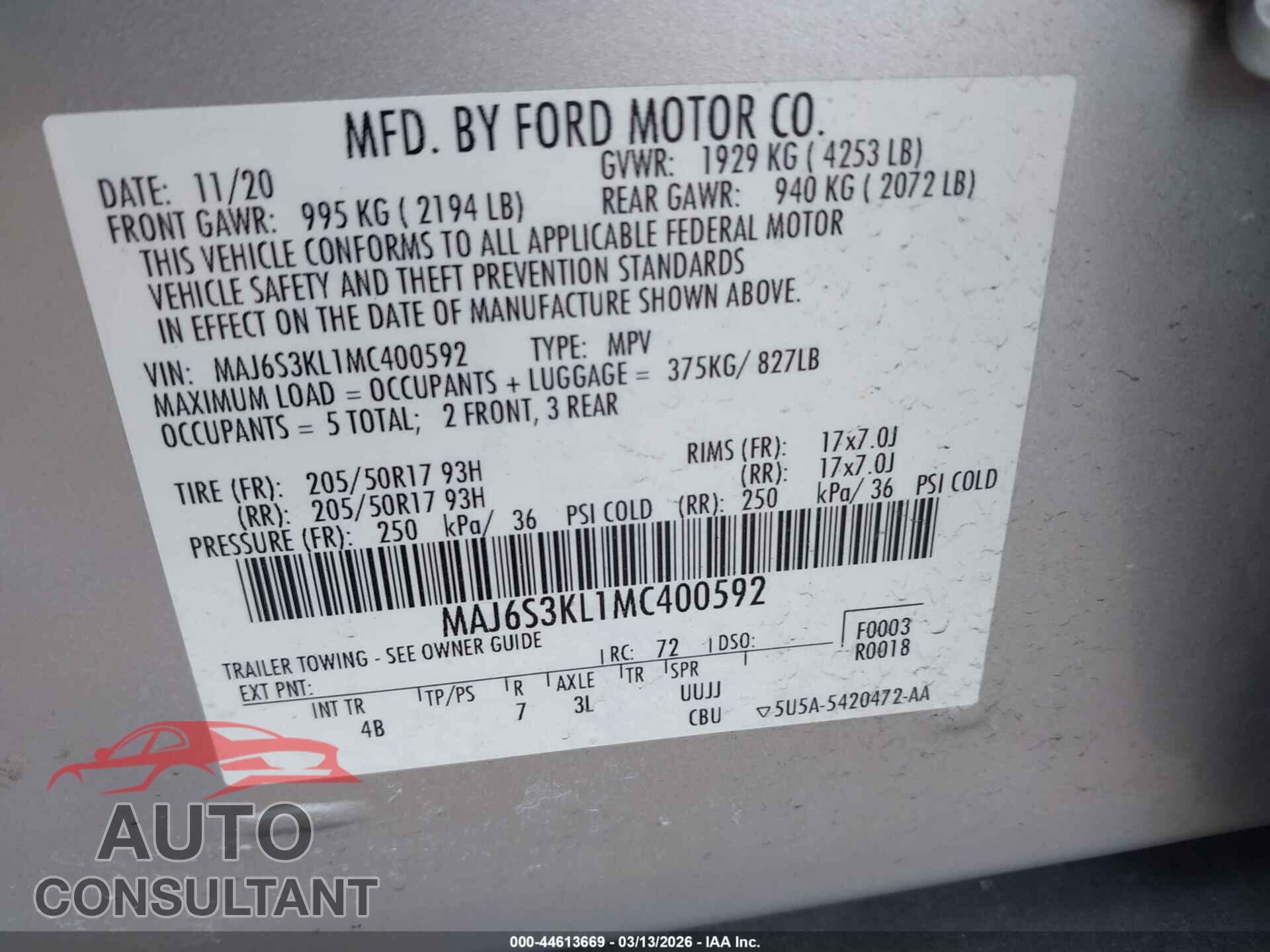 FORD ECOSPORT 2021 - MAJ6S3KL1MC400592