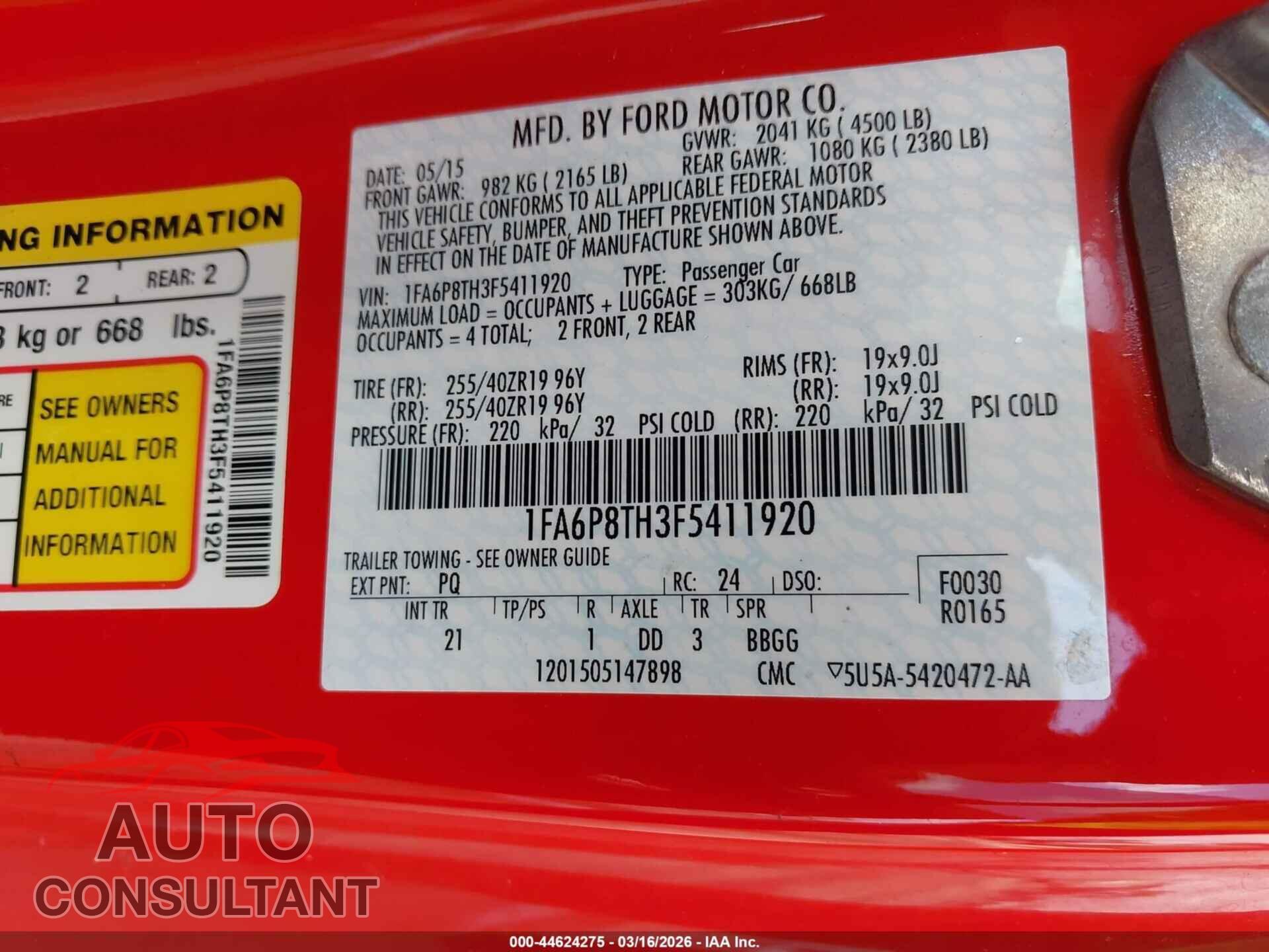 FORD MUSTANG 2015 - 1FA6P8TH3F5411920