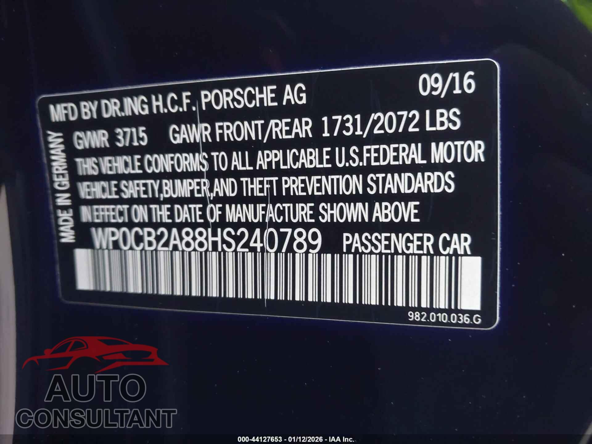 PORSCHE 718 BOXSTER 2017 - WP0CB2A88HS240789