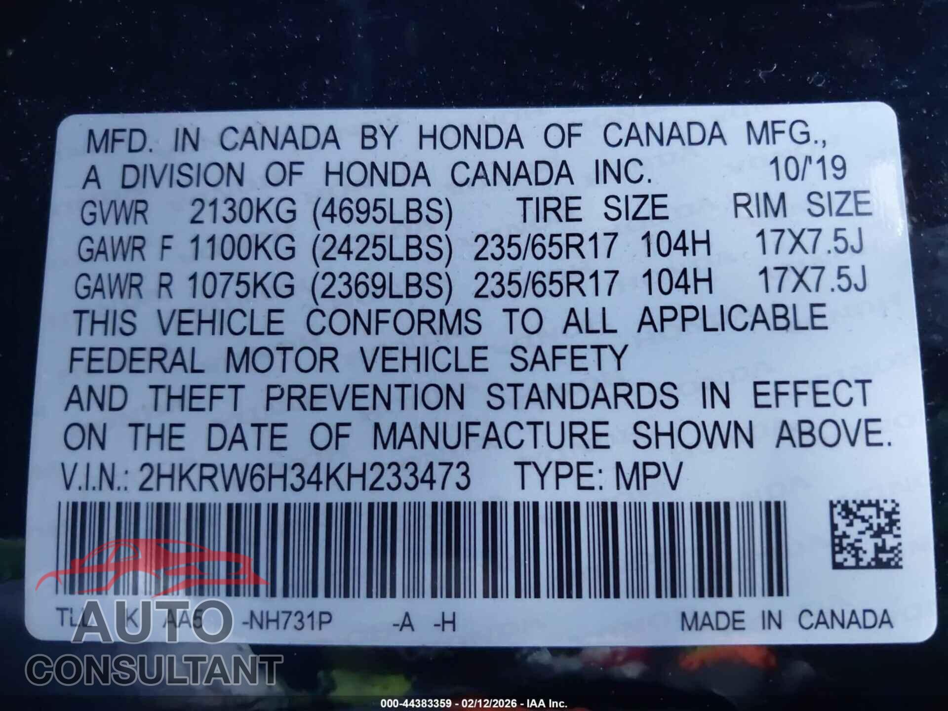 HONDA CR-V 2019 - 2HKRW6H34KH233473