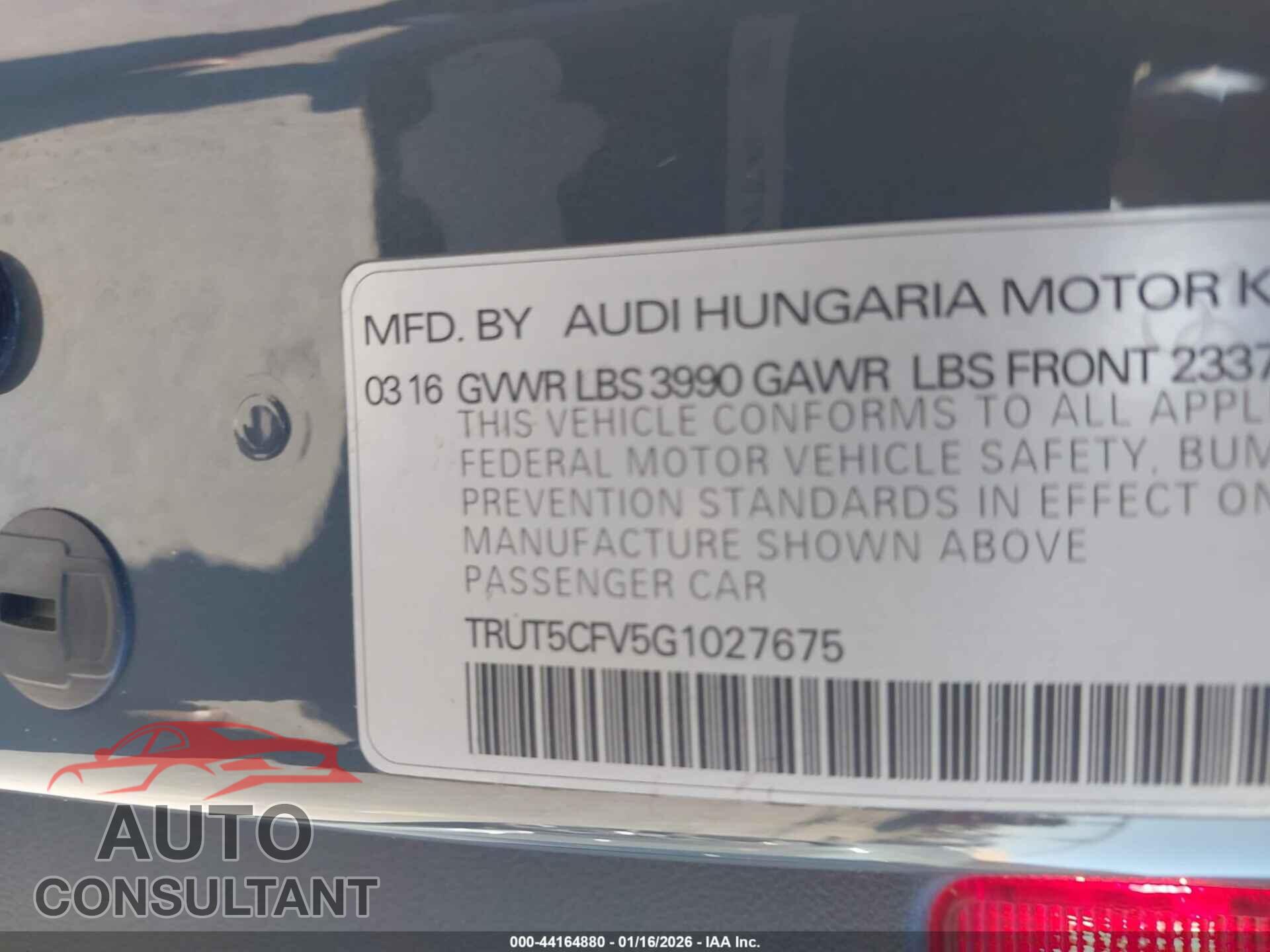 AUDI TT 2016 - TRUT5CFV5G1027675