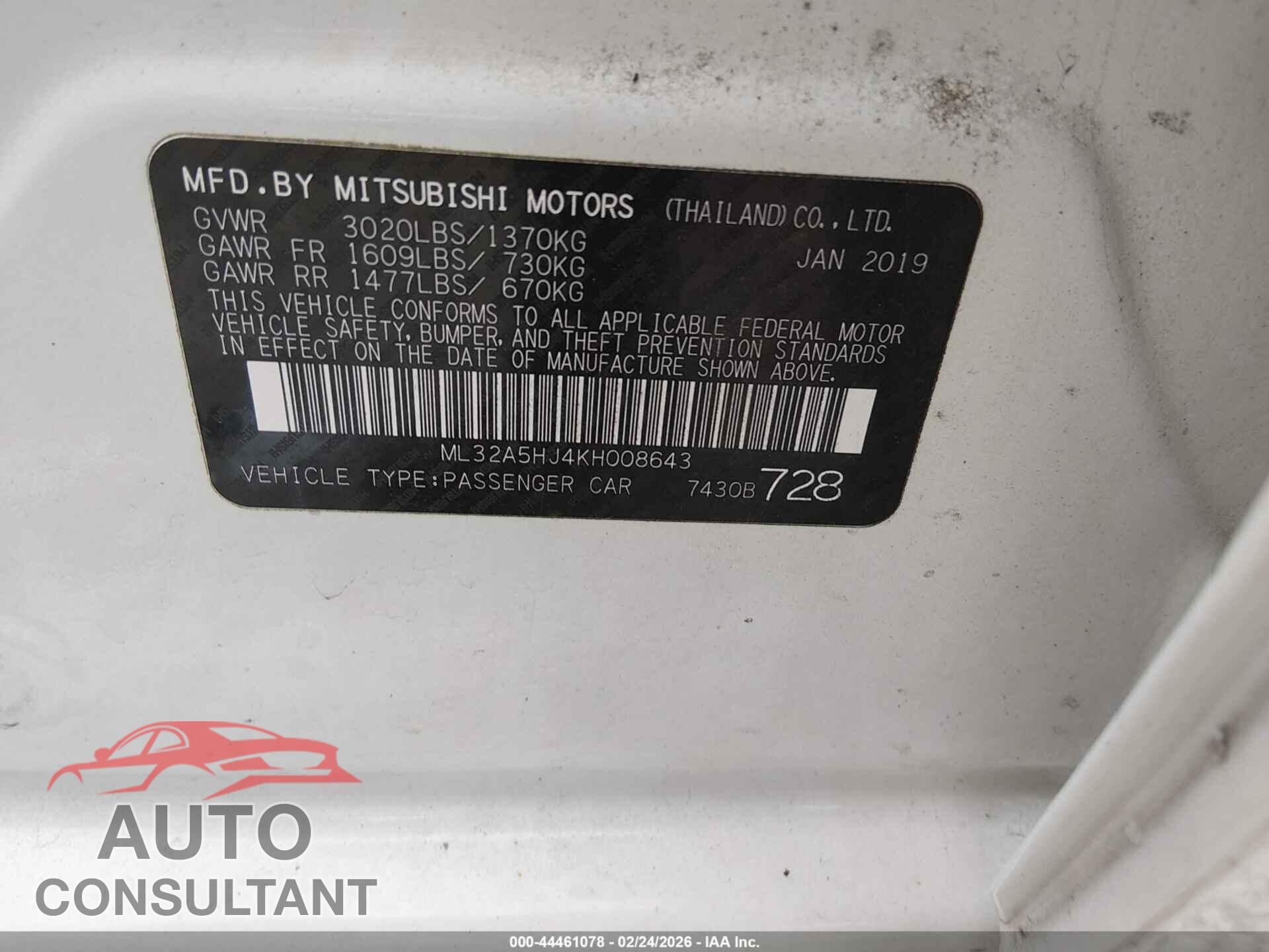 MITSUBISHI MIRAGE 2019 - ML32A5HJ4KH008643