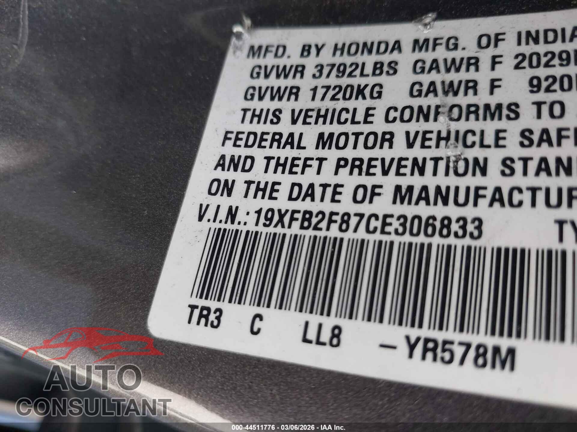 HONDA CIVIC 2012 - 19XFB2F87CE306833