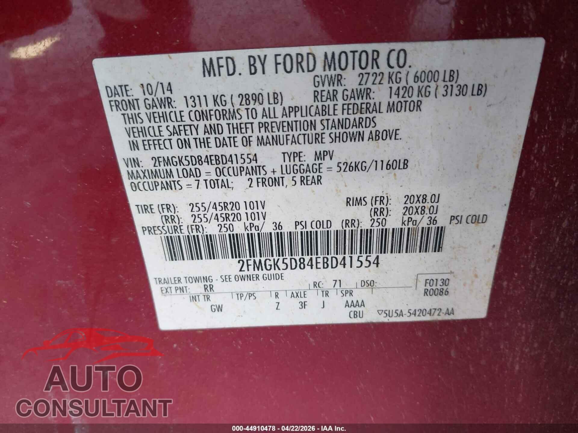 FORD FLEX 2014 - 2FMGK5D84EBD41554