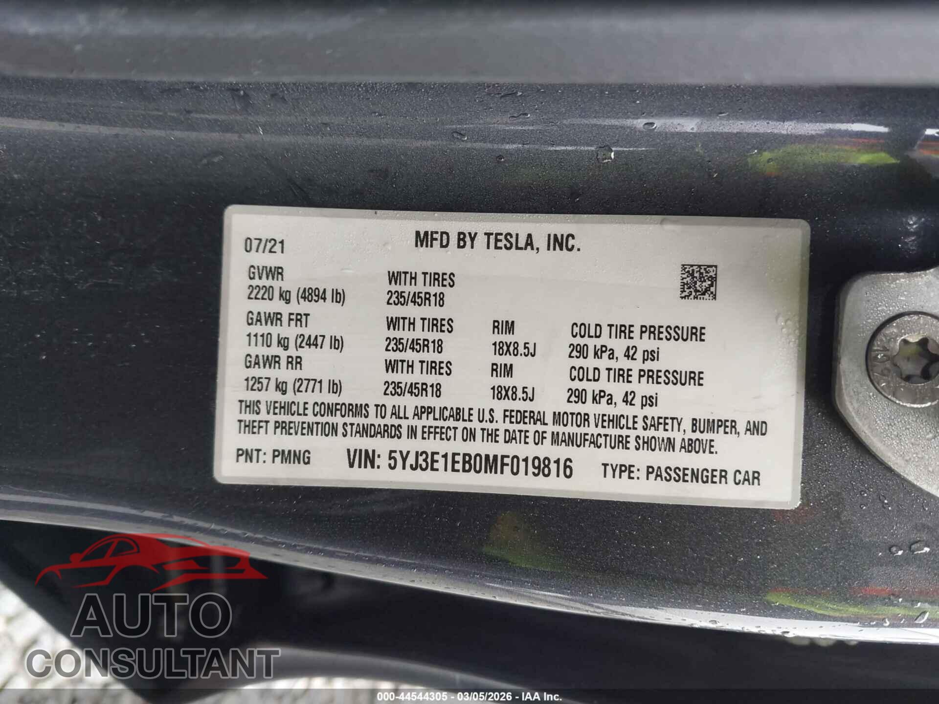 TESLA MODEL 3 2021 - 5YJ3E1EB0MF019816