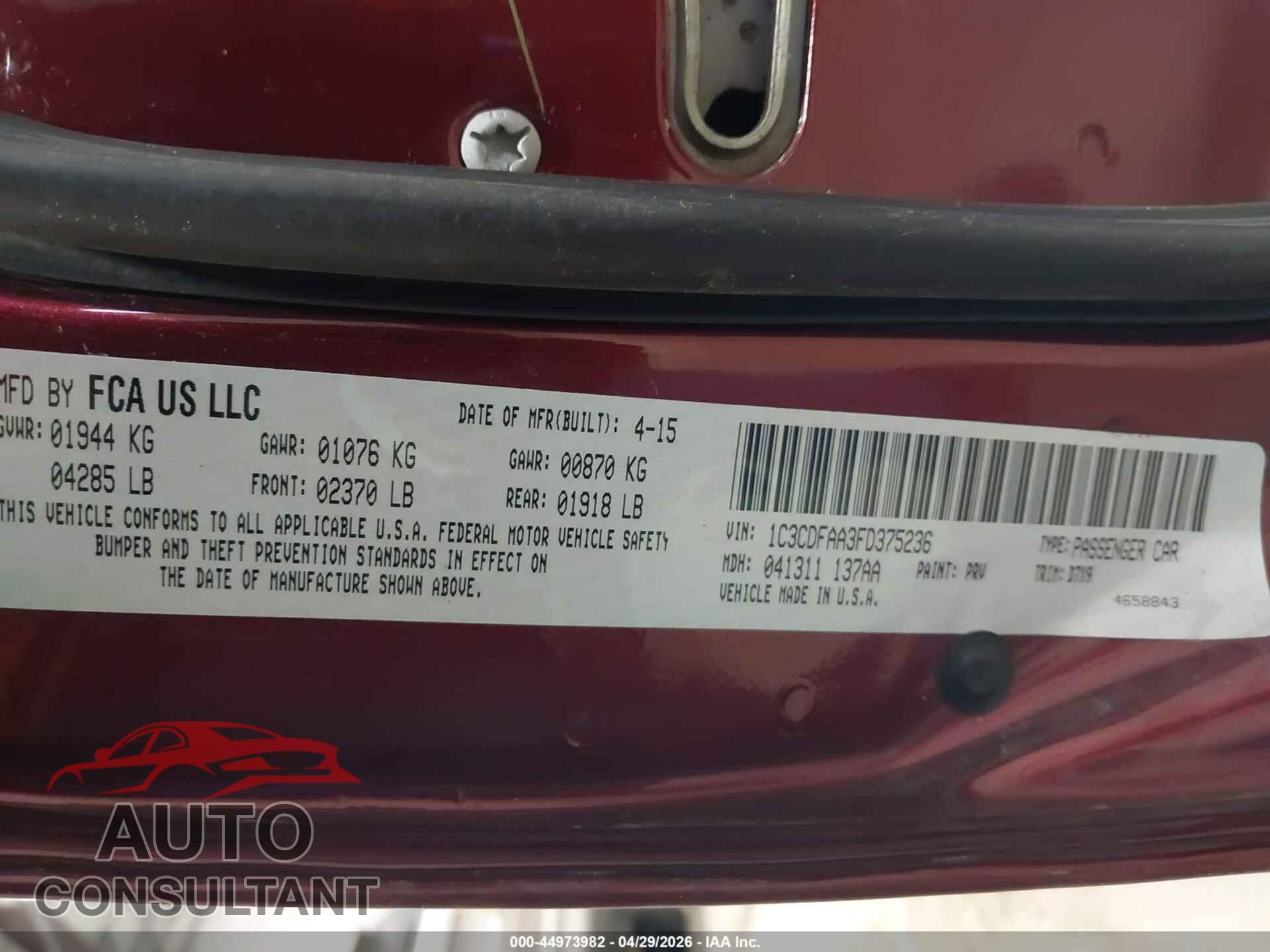 DODGE DART 2015 - 1C3CDFAA3FD375236