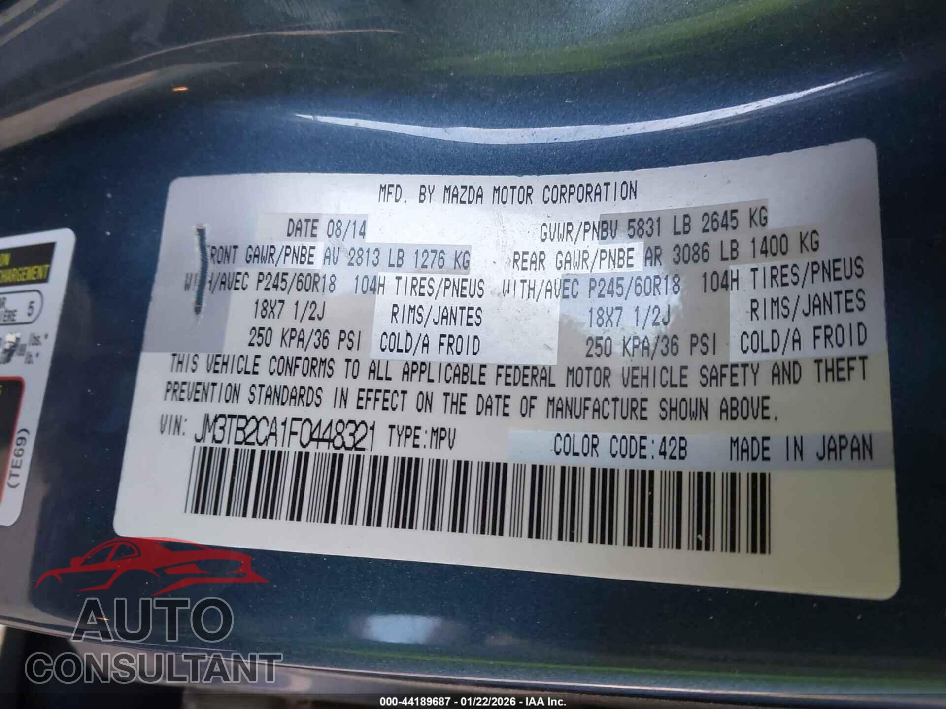 MAZDA CX-9 2015 - JM3TB2CA1F0448321