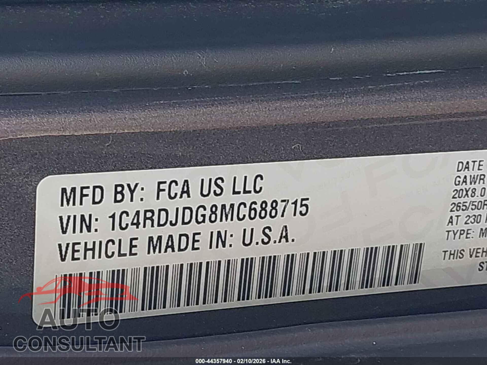 DODGE DURANGO 2021 - 1C4RDJDG8MC688715