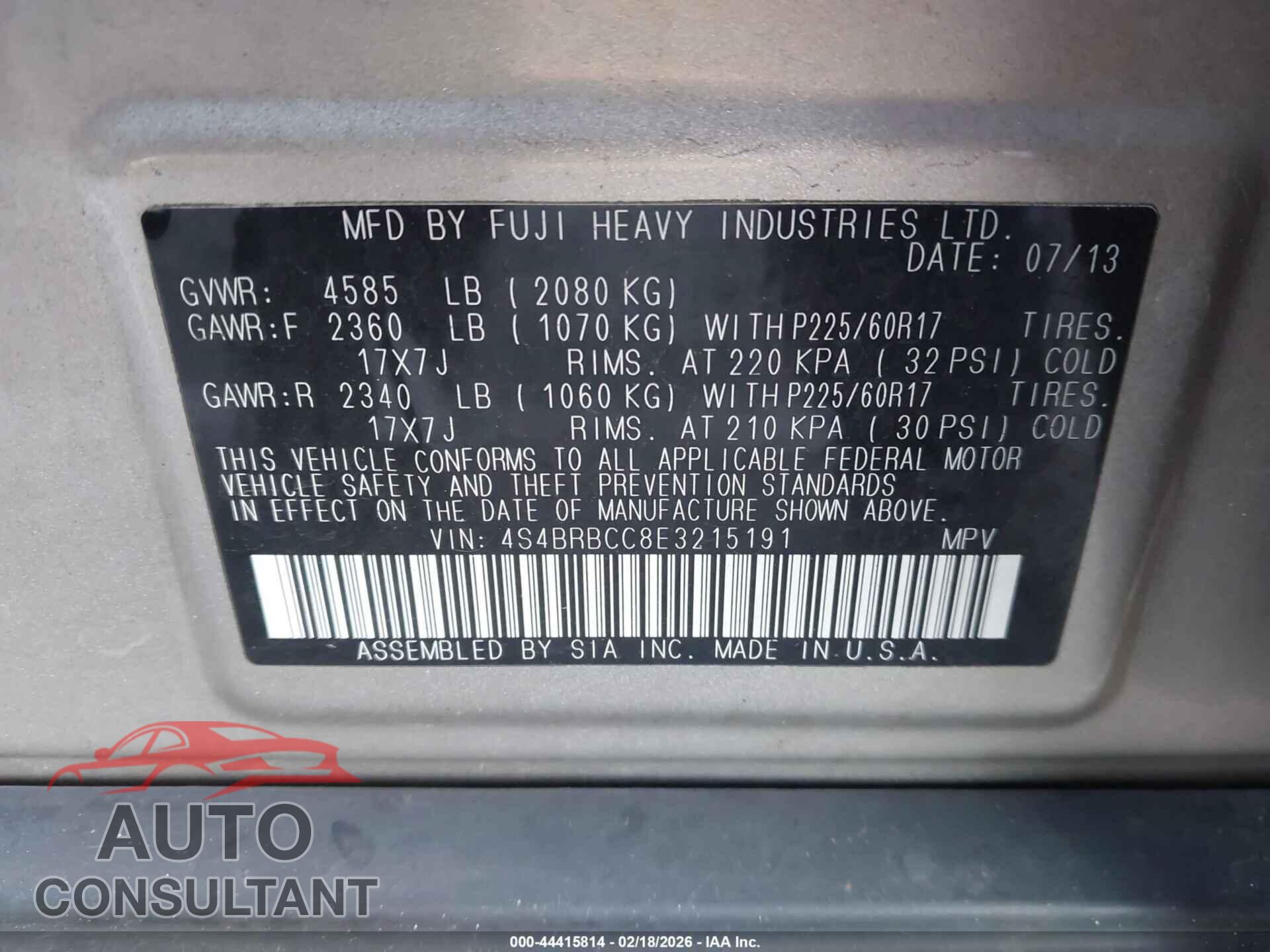 SUBARU OUTBACK 2014 - 4S4BRBCC8E3215191