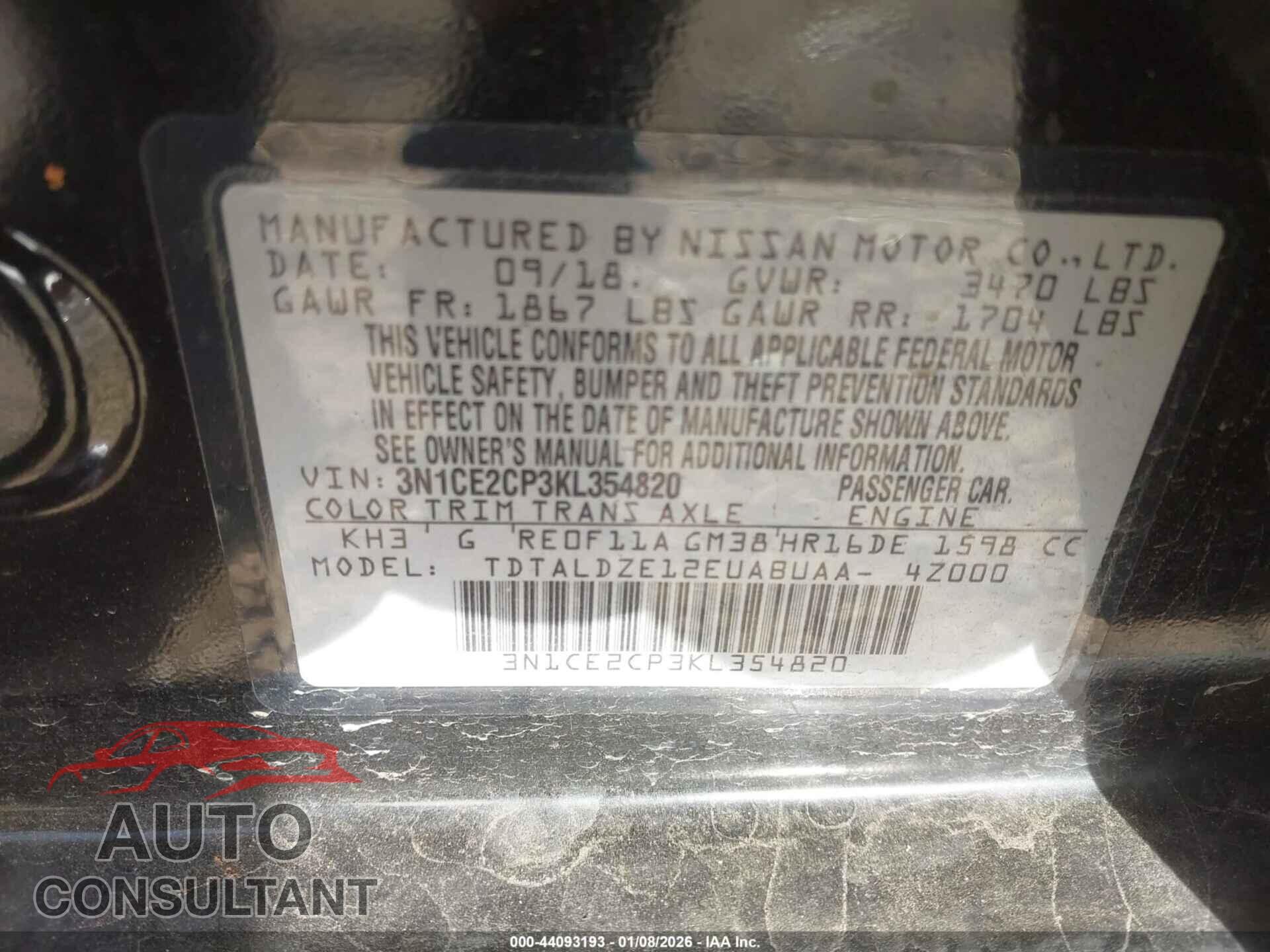NISSAN VERSA NOTE 2019 - 3N1CE2CP3KL354820