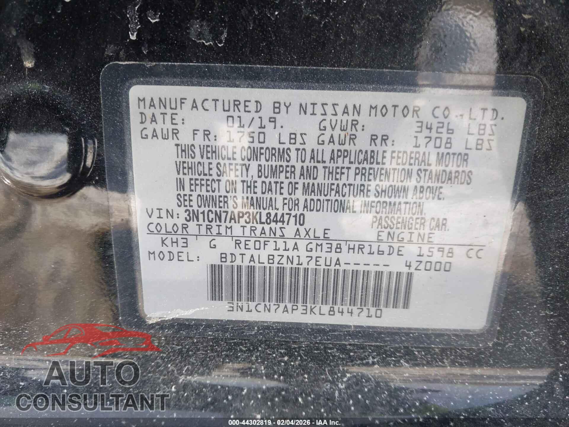 NISSAN VERSA 2019 - 3N1CN7AP3KL844710