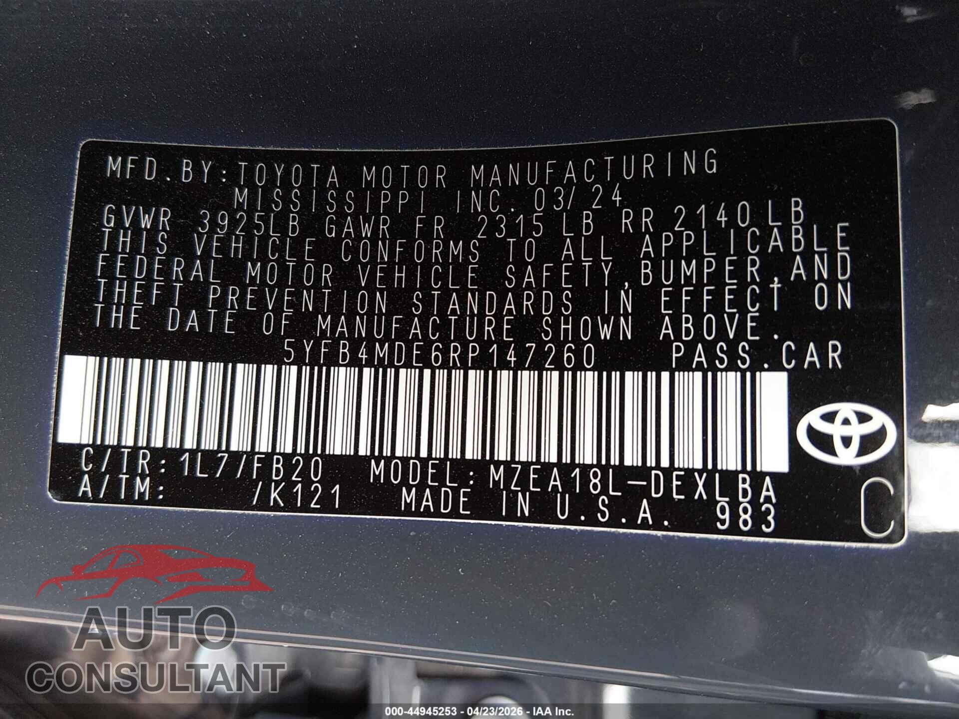 TOYOTA COROLLA 2024 - 5YFB4MDE6RP147260