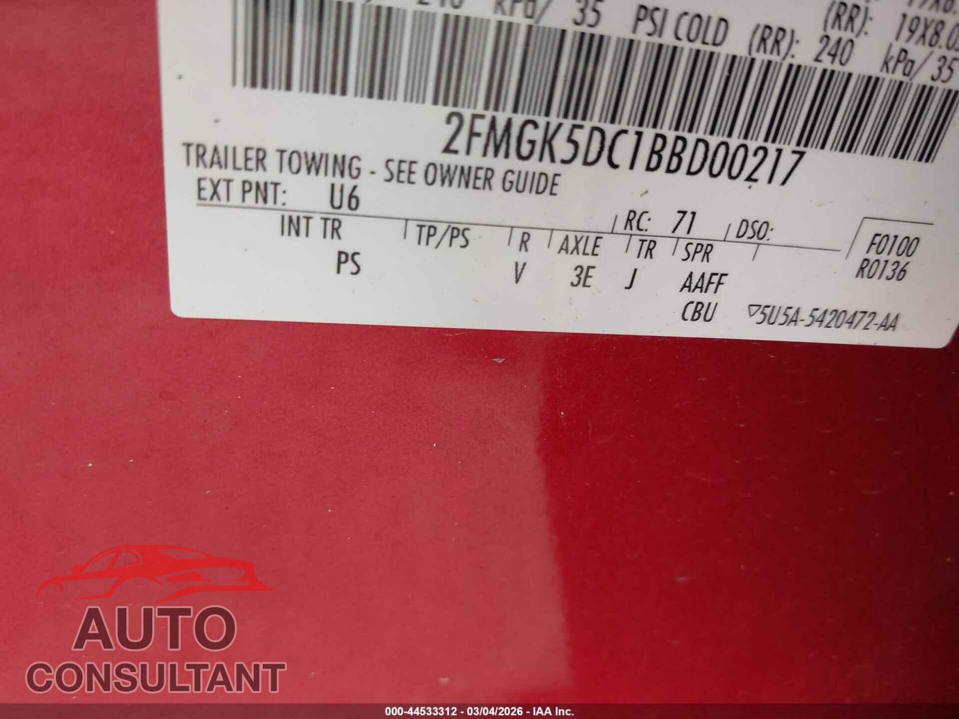 FORD FLEX 2011 - 2FMGK5DC1BBD00217