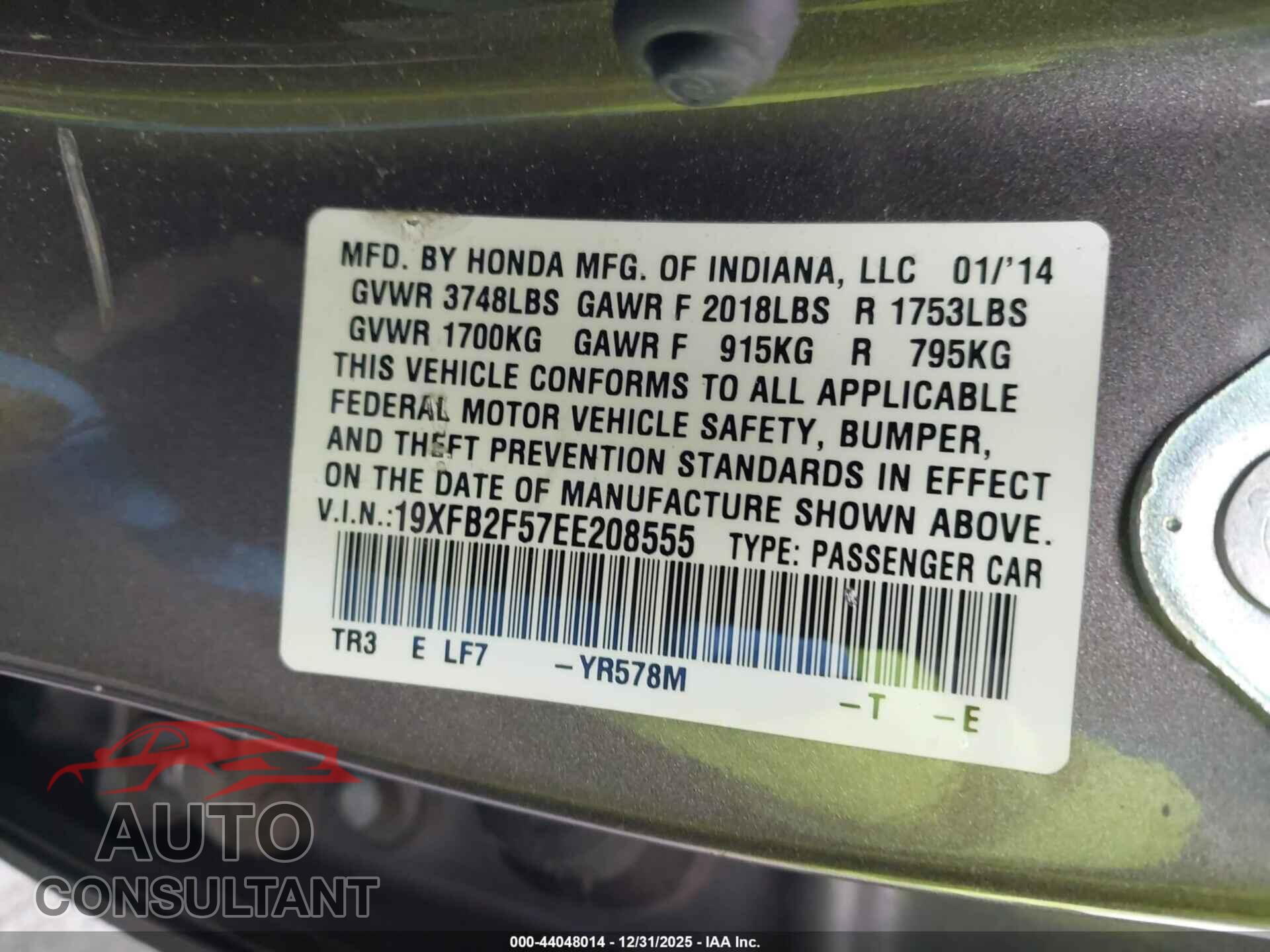 HONDA CIVIC 2014 - 19XFB2F57EE208555