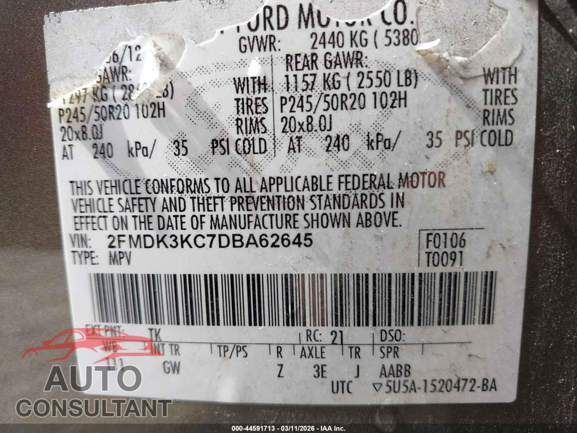 FORD EDGE 2013 - 2FMDK3KC7DBA62645