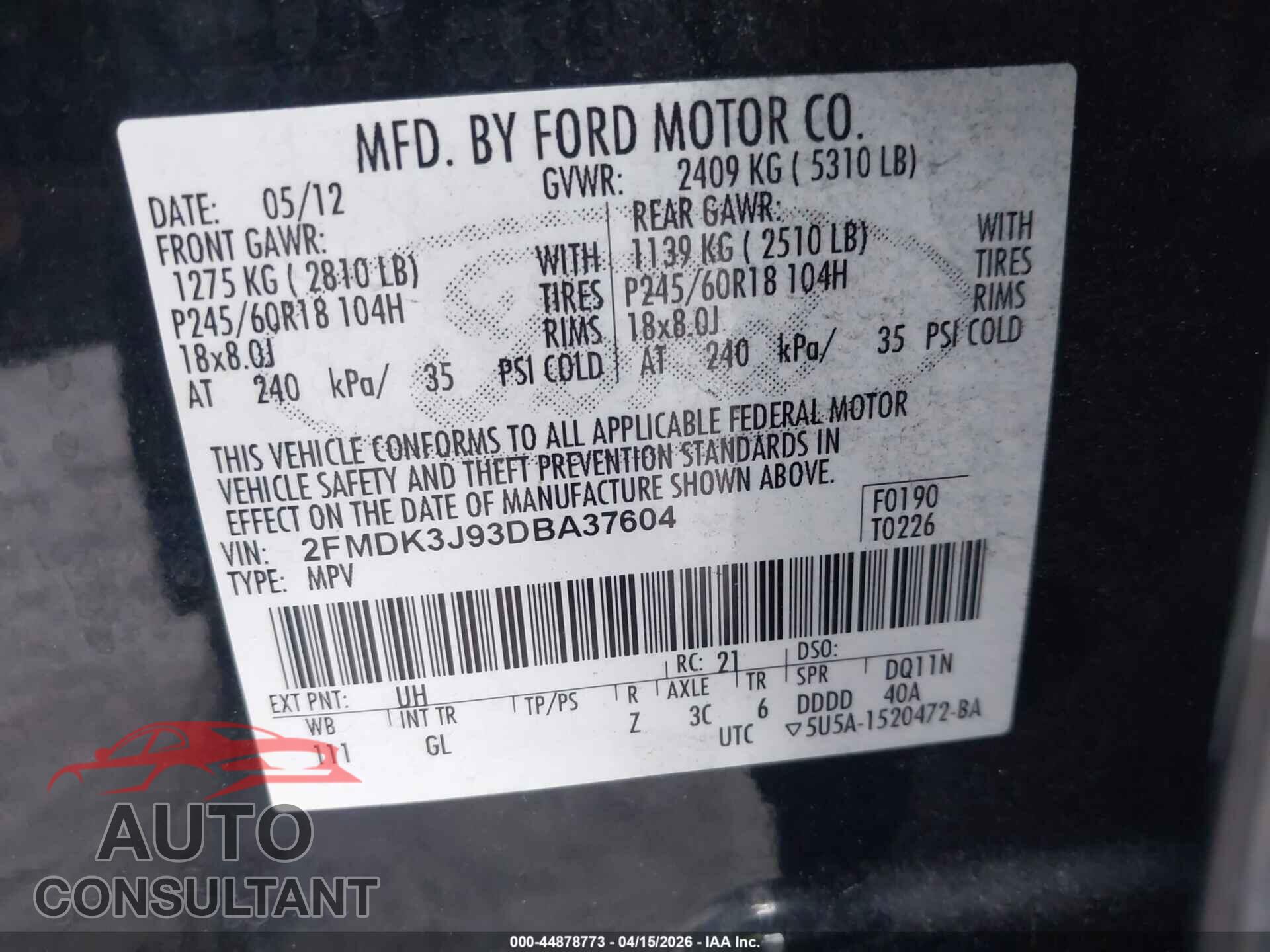 FORD EDGE 2013 - 2FMDK3J93DBA37604