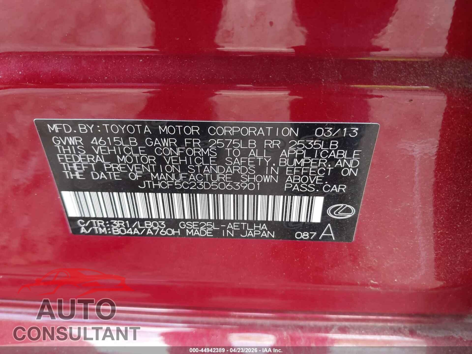 LEXUS IS 250 2013 - JTHCF5C23D5063901