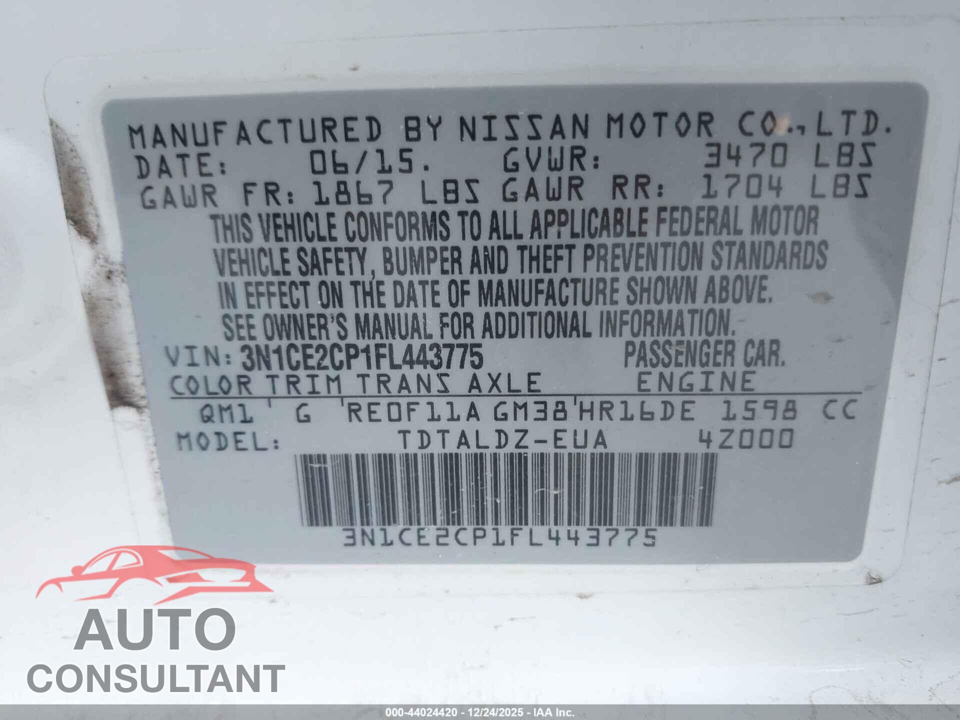 NISSAN VERSA NOTE 2015 - 3N1CE2CP1FL443775