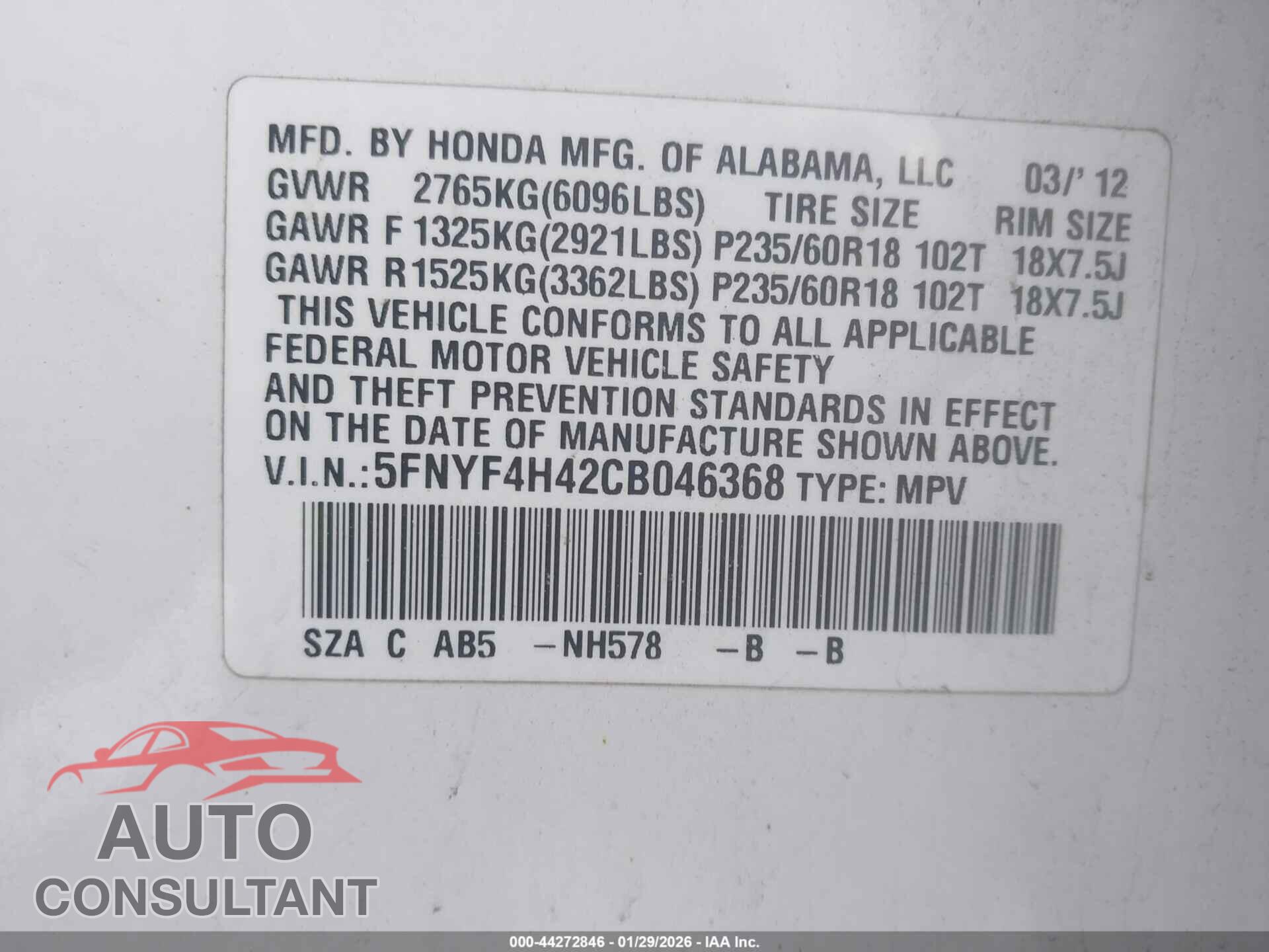 HONDA PILOT 2012 - 5FNYF4H42CB046368