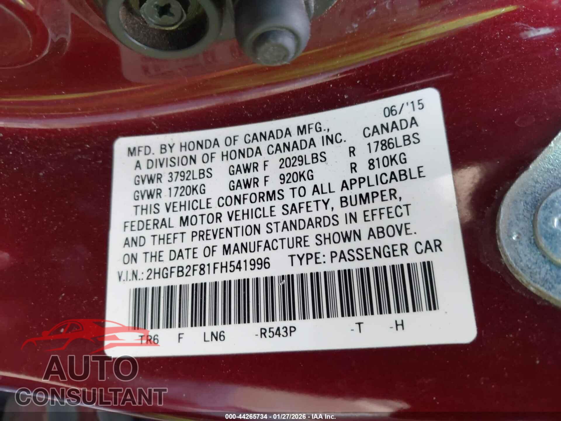 HONDA CIVIC 2015 - 2HGFB2F81FH541996