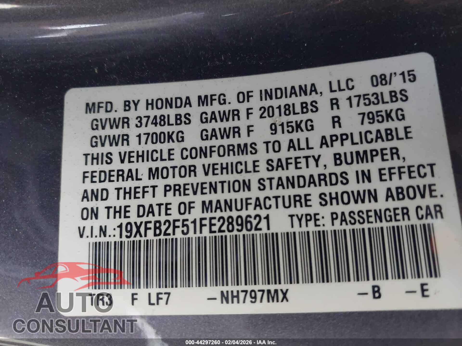 HONDA CIVIC 2015 - 19XFB2F51FE289621