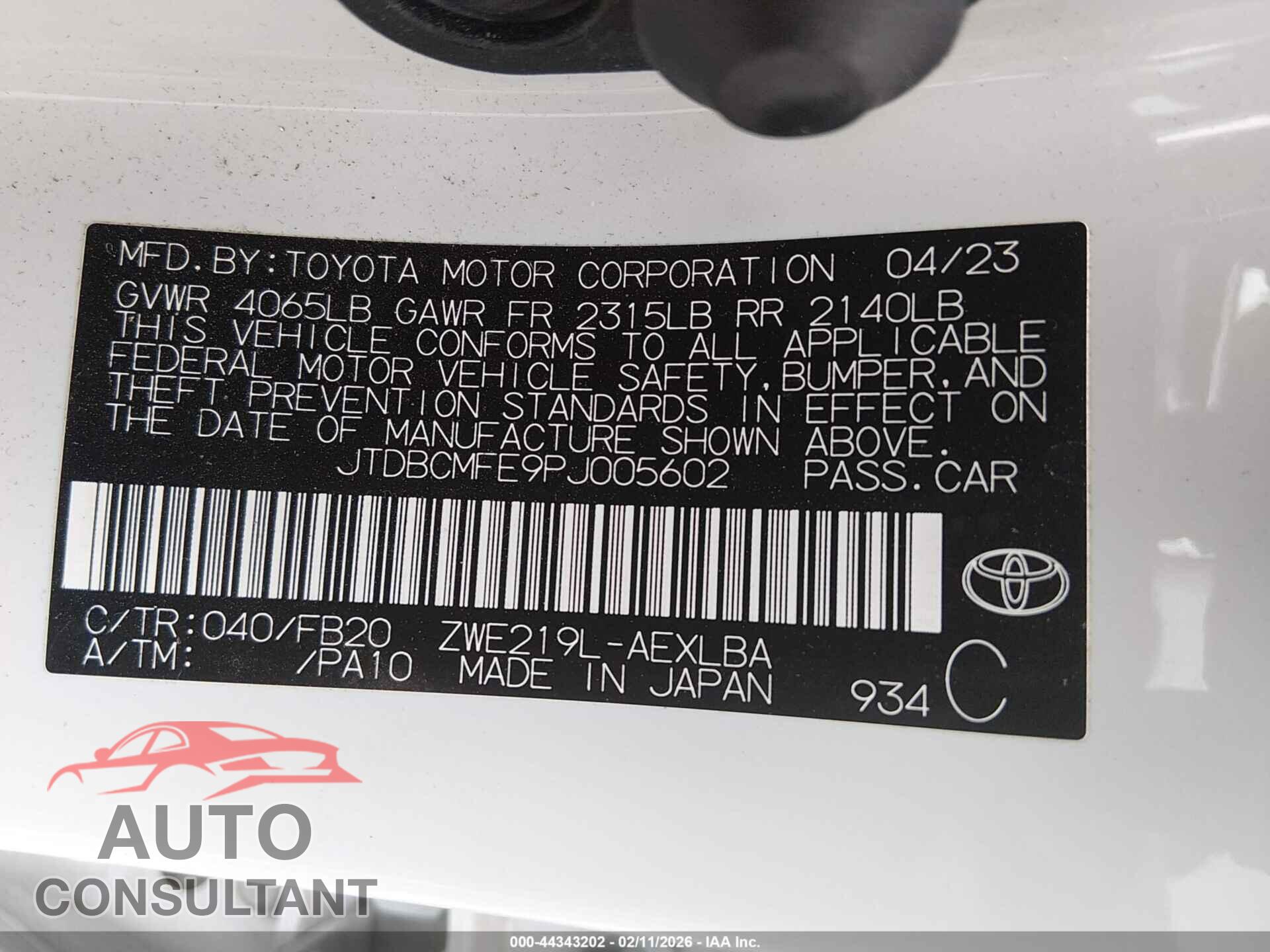 TOYOTA COROLLA 2023 - JTDBCMFE9PJ005602