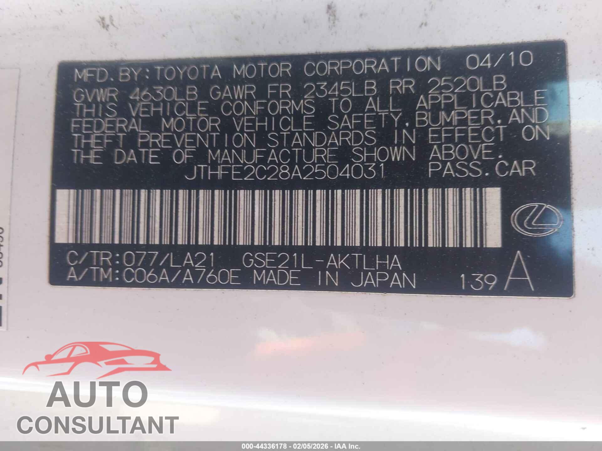 LEXUS IS 350C 2010 - JTHFE2C28A2504031