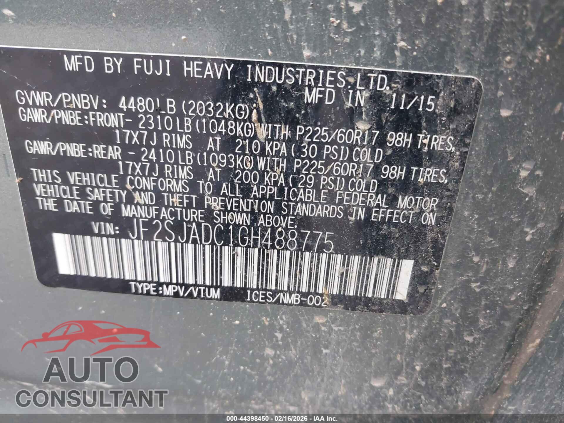 SUBARU FORESTER 2016 - JF2SJADC1GH488775