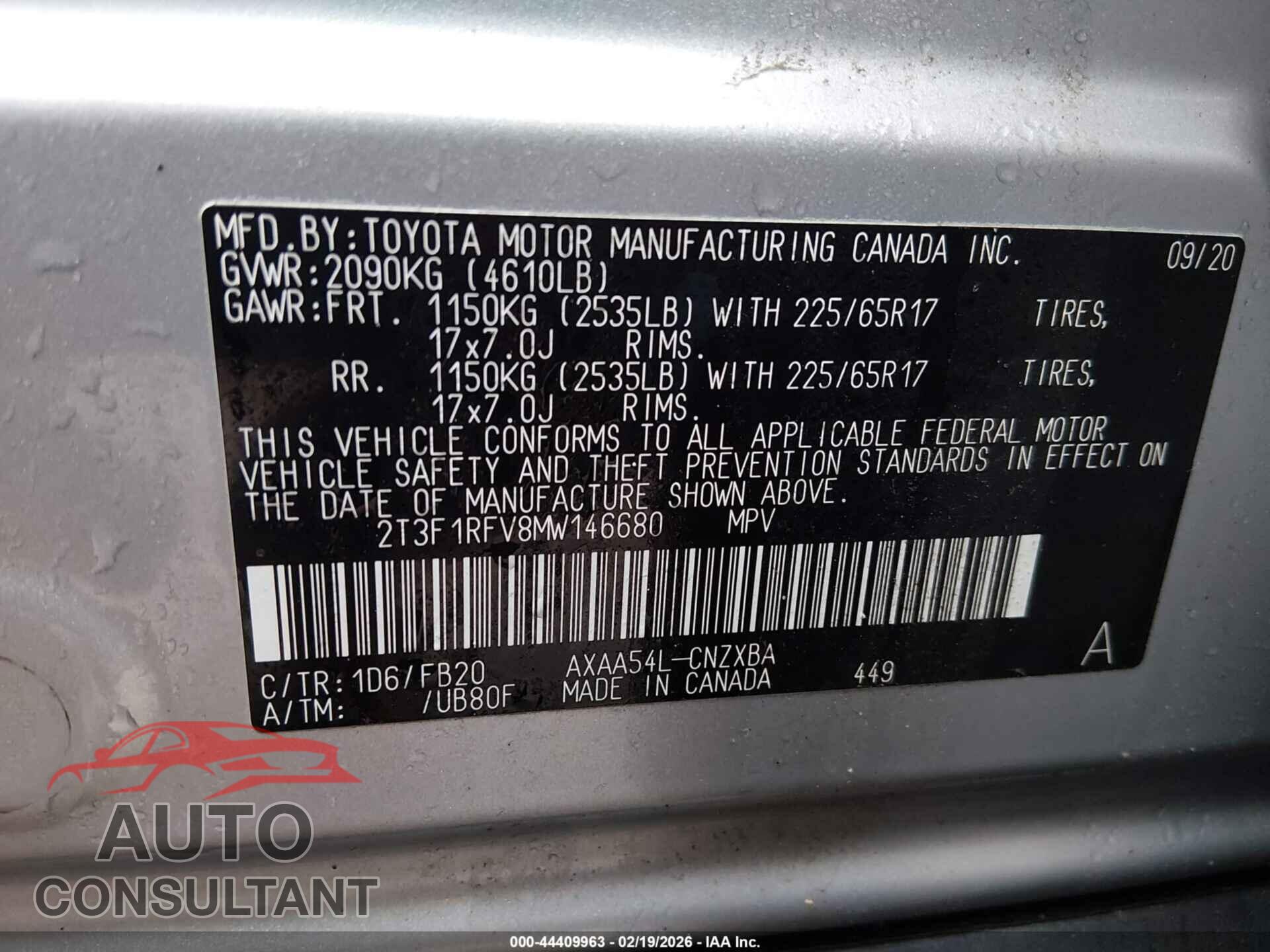 TOYOTA RAV4 2021 - 2T3F1RFV8MW146680