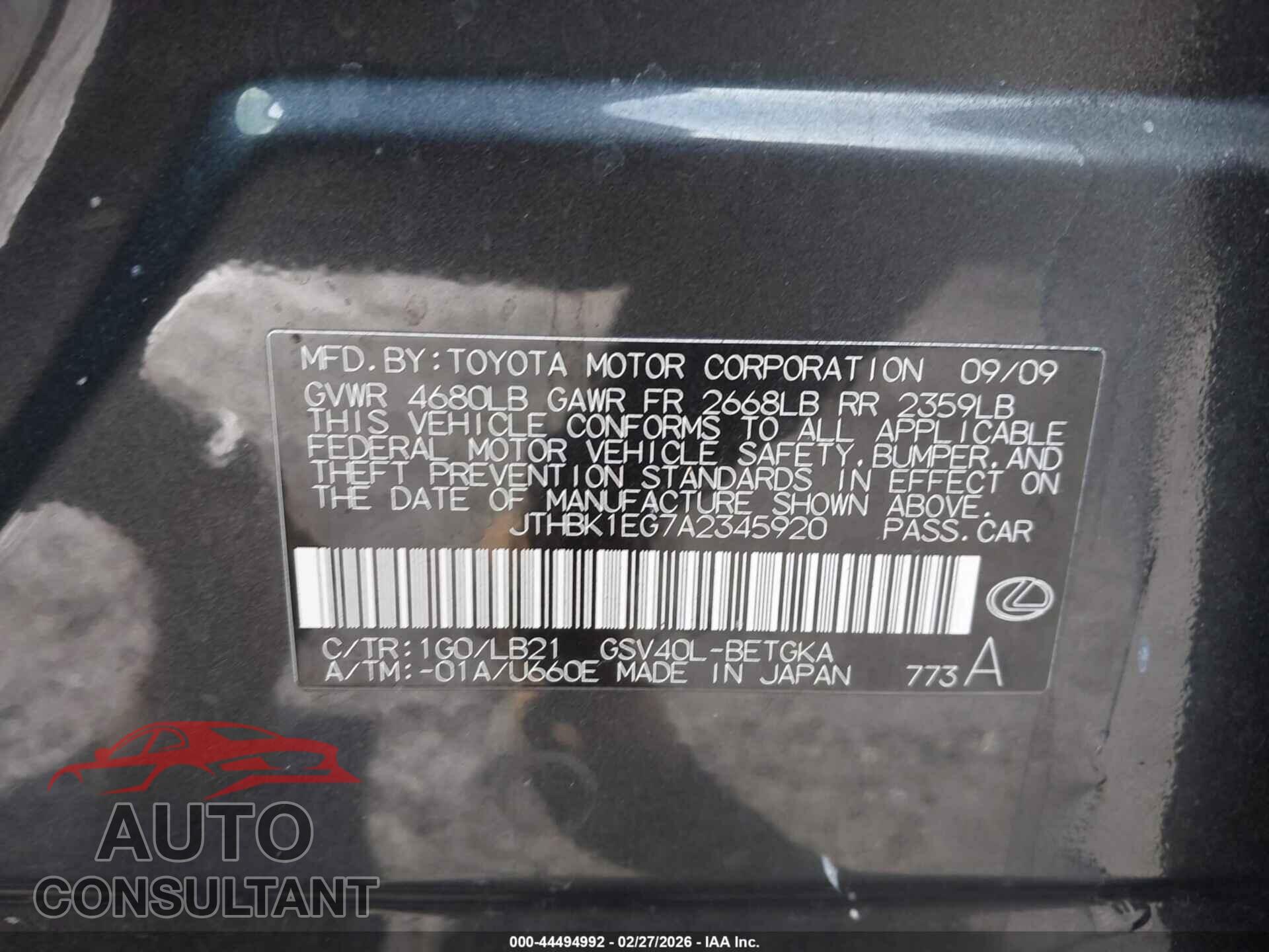 LEXUS ES 350 2010 - JTHBK1EG7A2345920