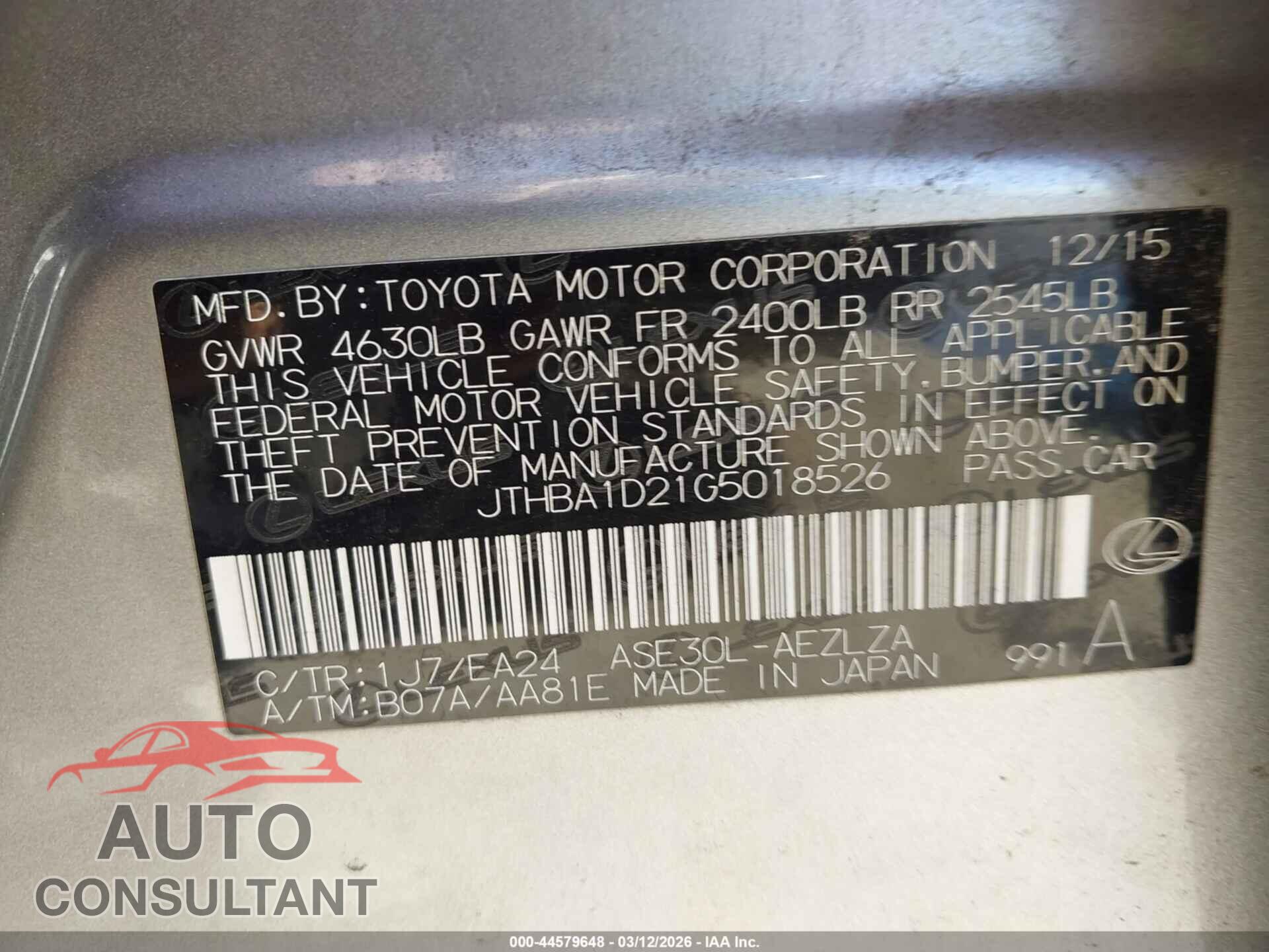 LEXUS IS 200T 2016 - JTHBA1D21G5018526