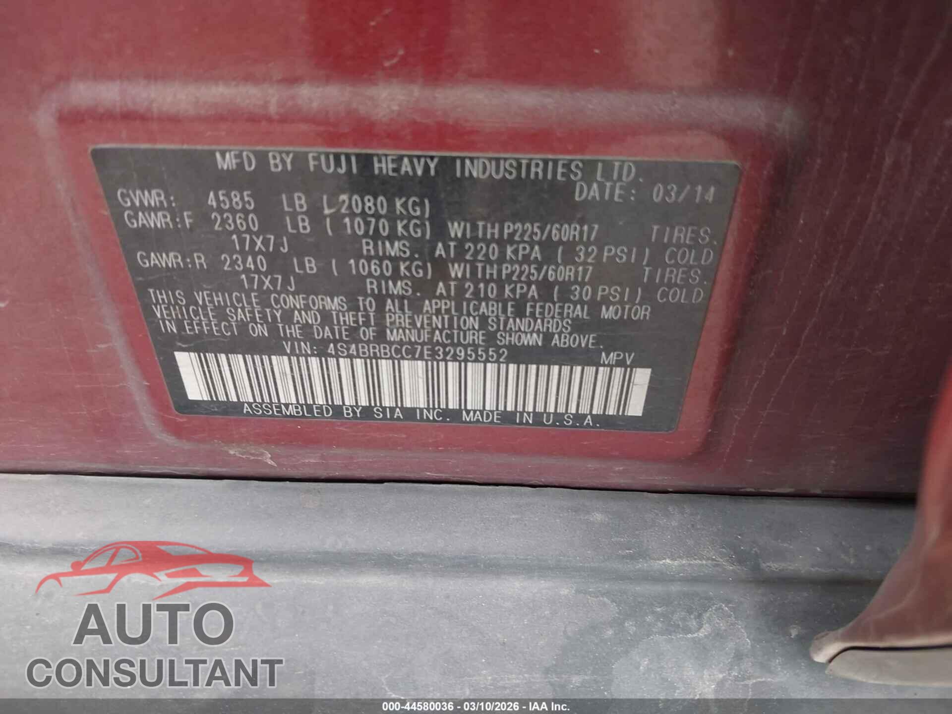 SUBARU OUTBACK 2014 - 4S4BRBCC7E3295552