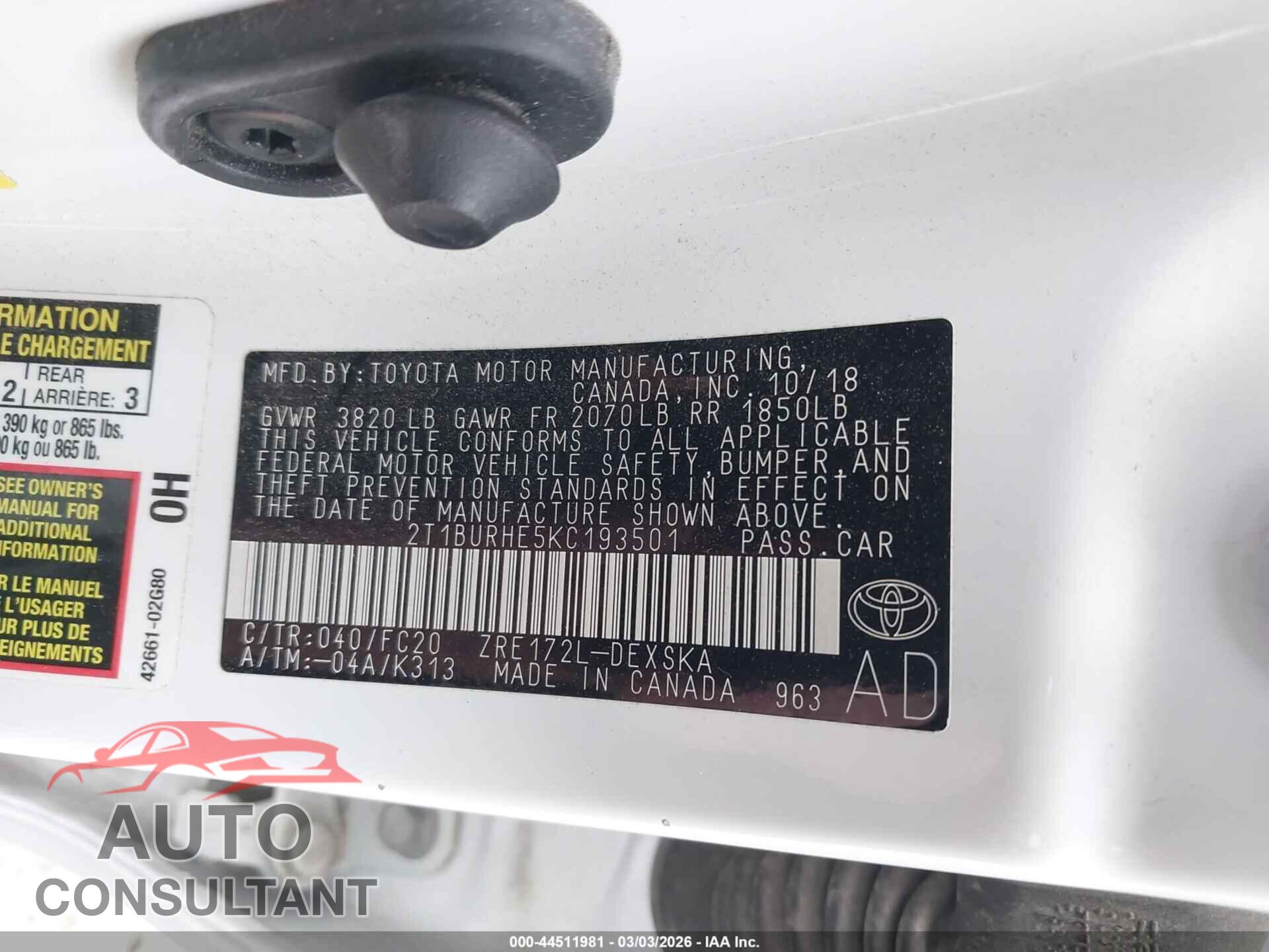 TOYOTA COROLLA 2019 - 2T1BURHE5KC193501
