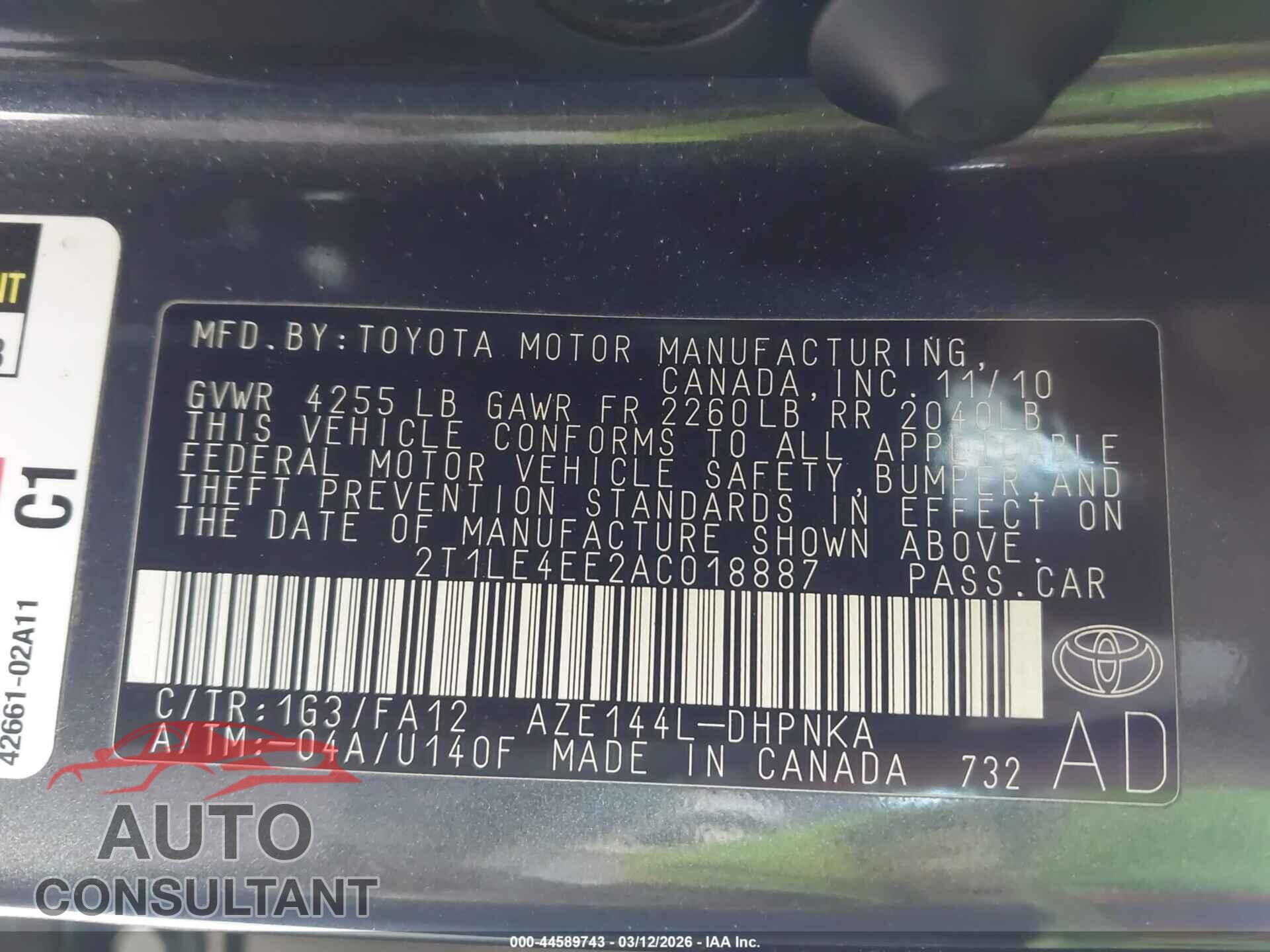 TOYOTA MATRIX 2010 - 2T1LE4EE2AC018887