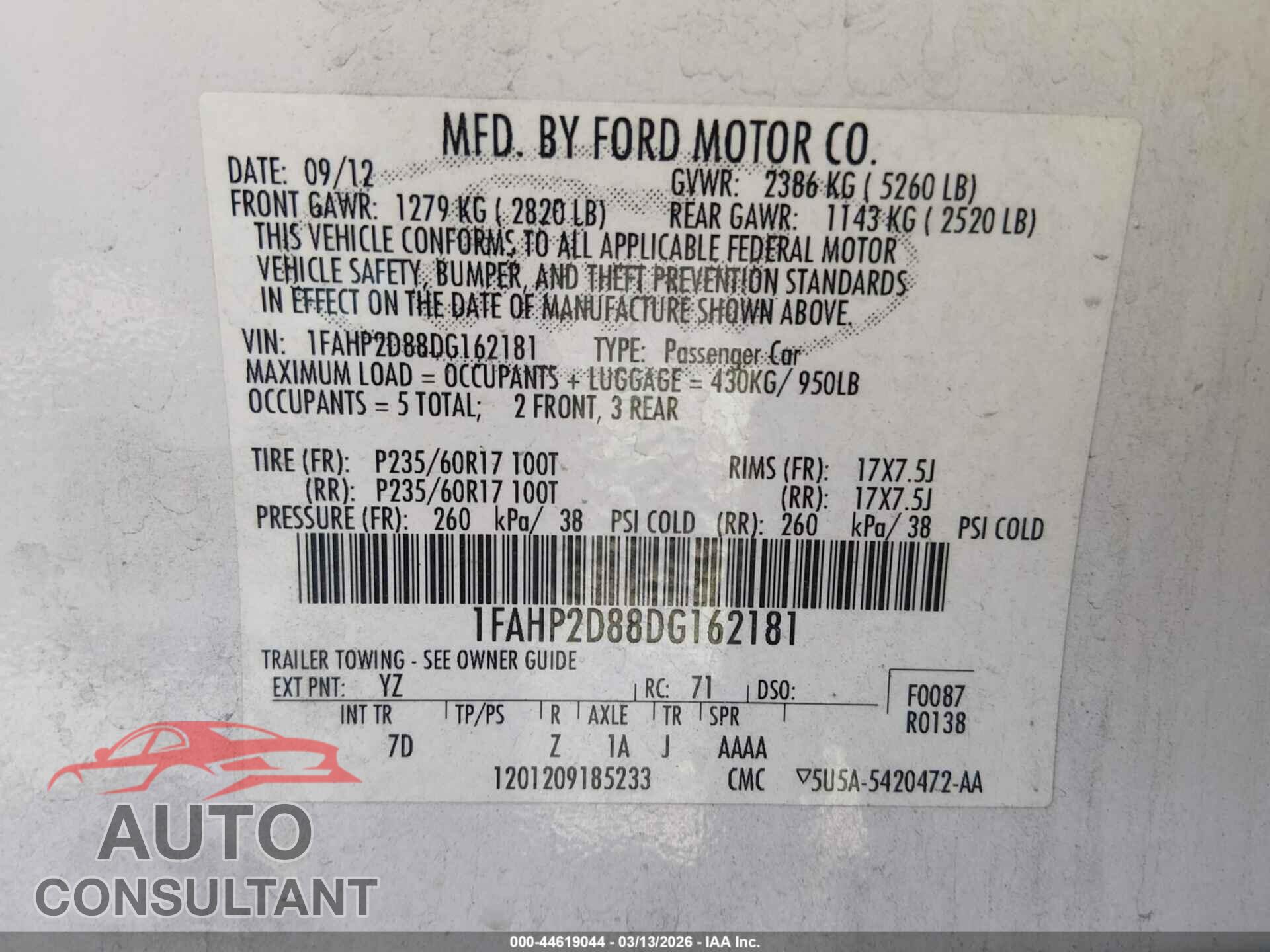 FORD TAURUS 2013 - 1FAHP2D88DG162181
