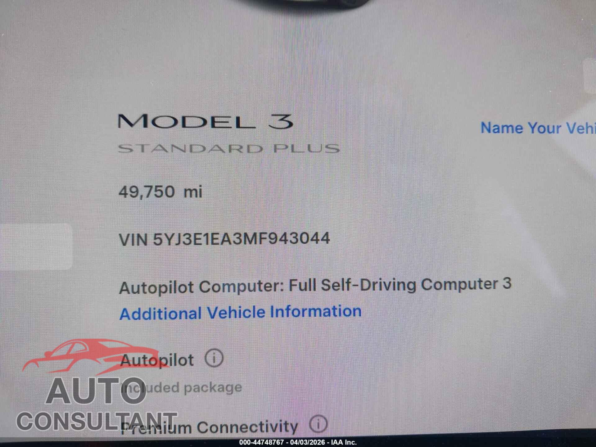 TESLA MODEL 3 2021 - 5YJ3E1EA3MF943044