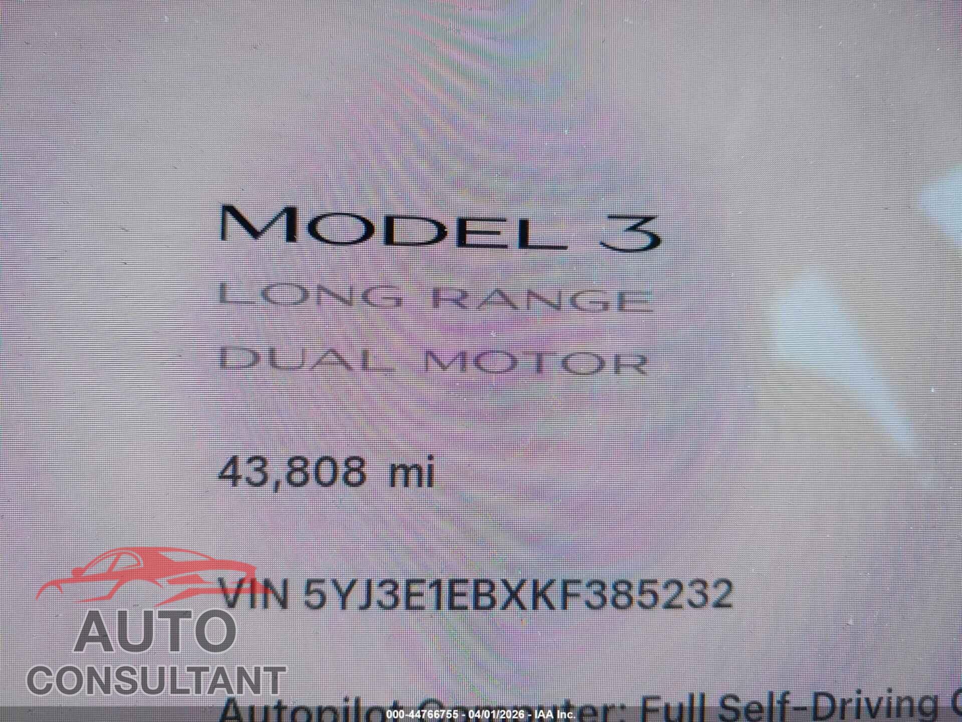TESLA MODEL 3 2019 - 5YJ3E1EBXKF385232