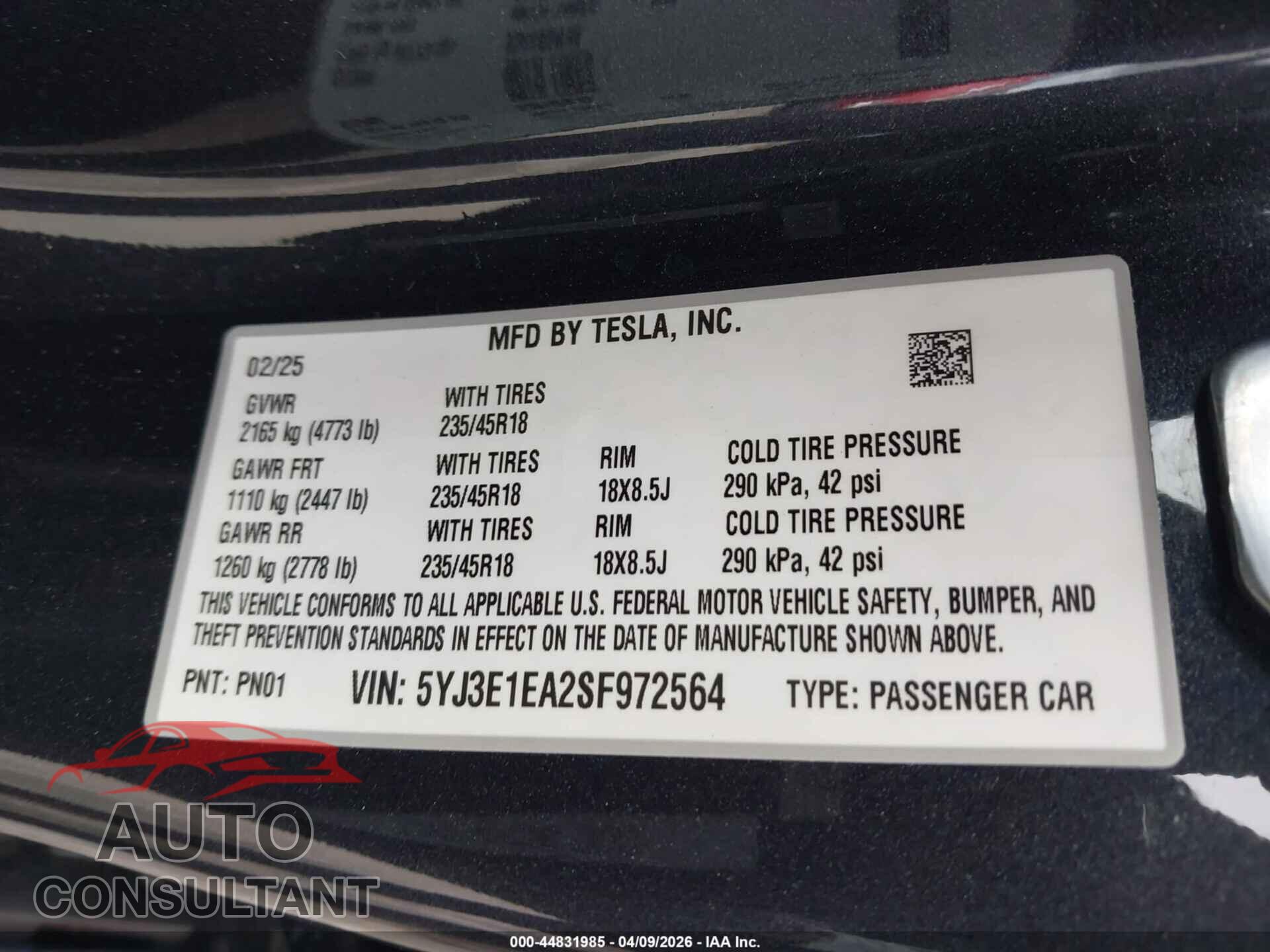 TESLA MODEL 3 2025 - 5YJ3E1EA2SF972564