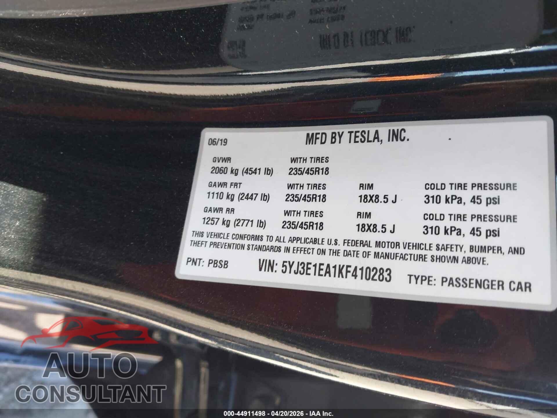 TESLA MODEL 3 2019 - 5YJ3E1EA1KF410283