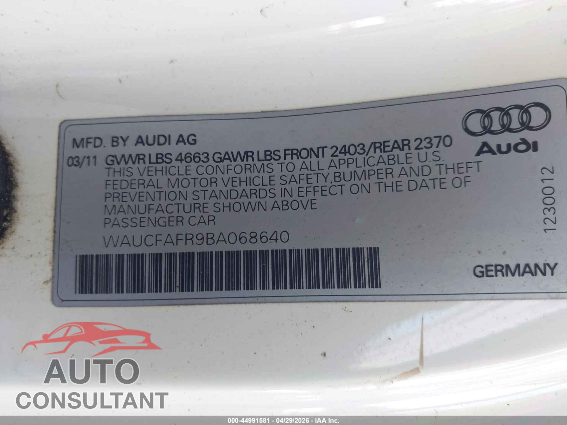 AUDI A5 2011 - WAUCFAFR9BA068640