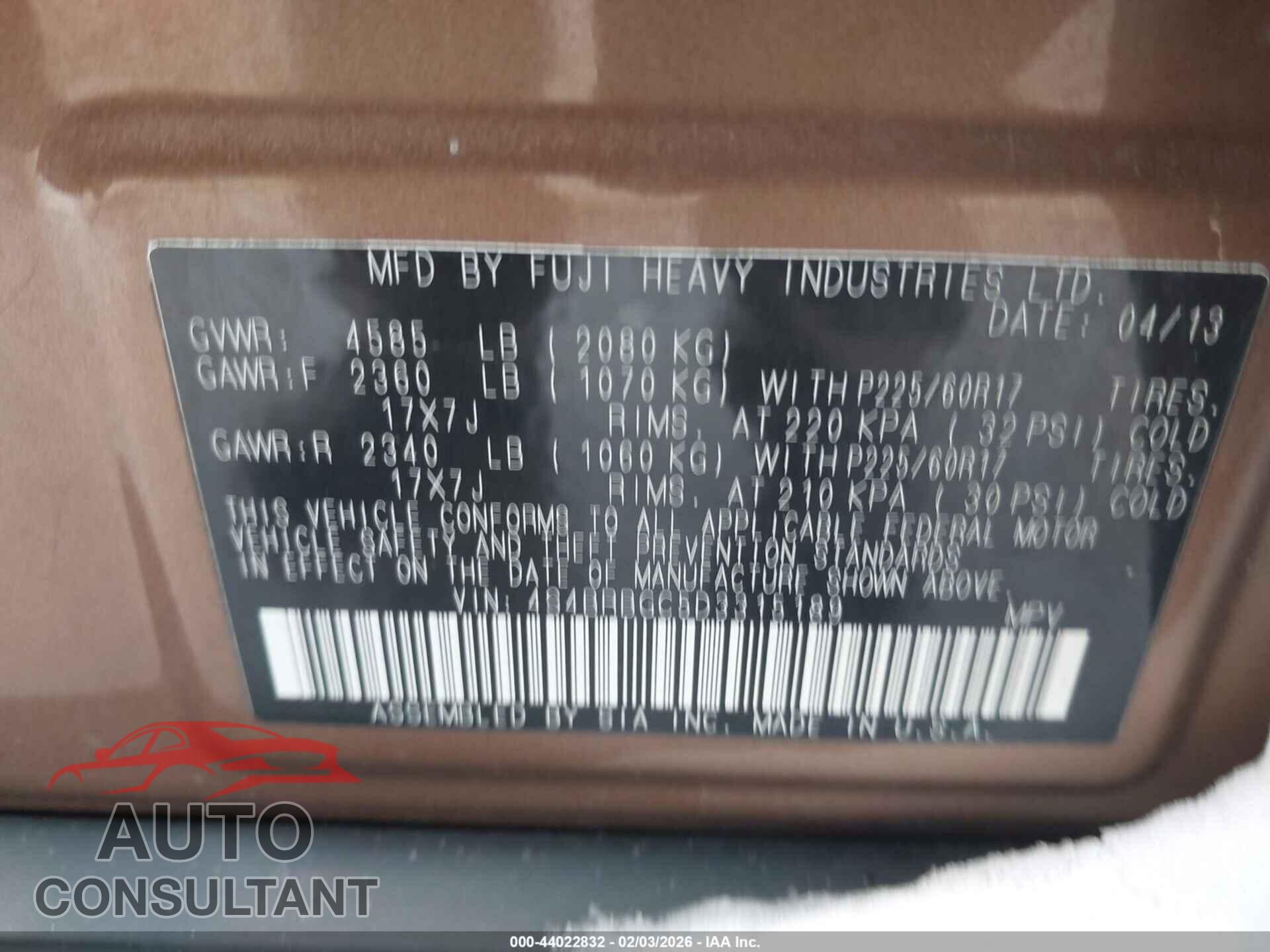 SUBARU OUTBACK 2013 - 4S4BRBGC5D3315189
