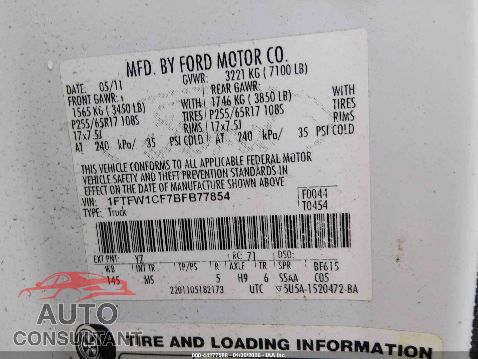 FORD F-150 2011 - 1FTFW1CF7BFB77854