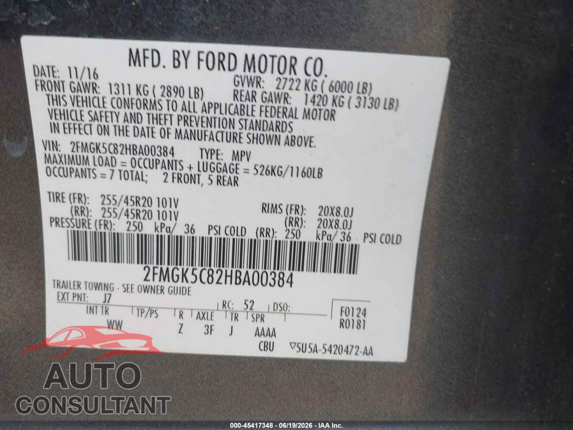 FORD FLEX 2017 - 2FMGK5C82HBA00384