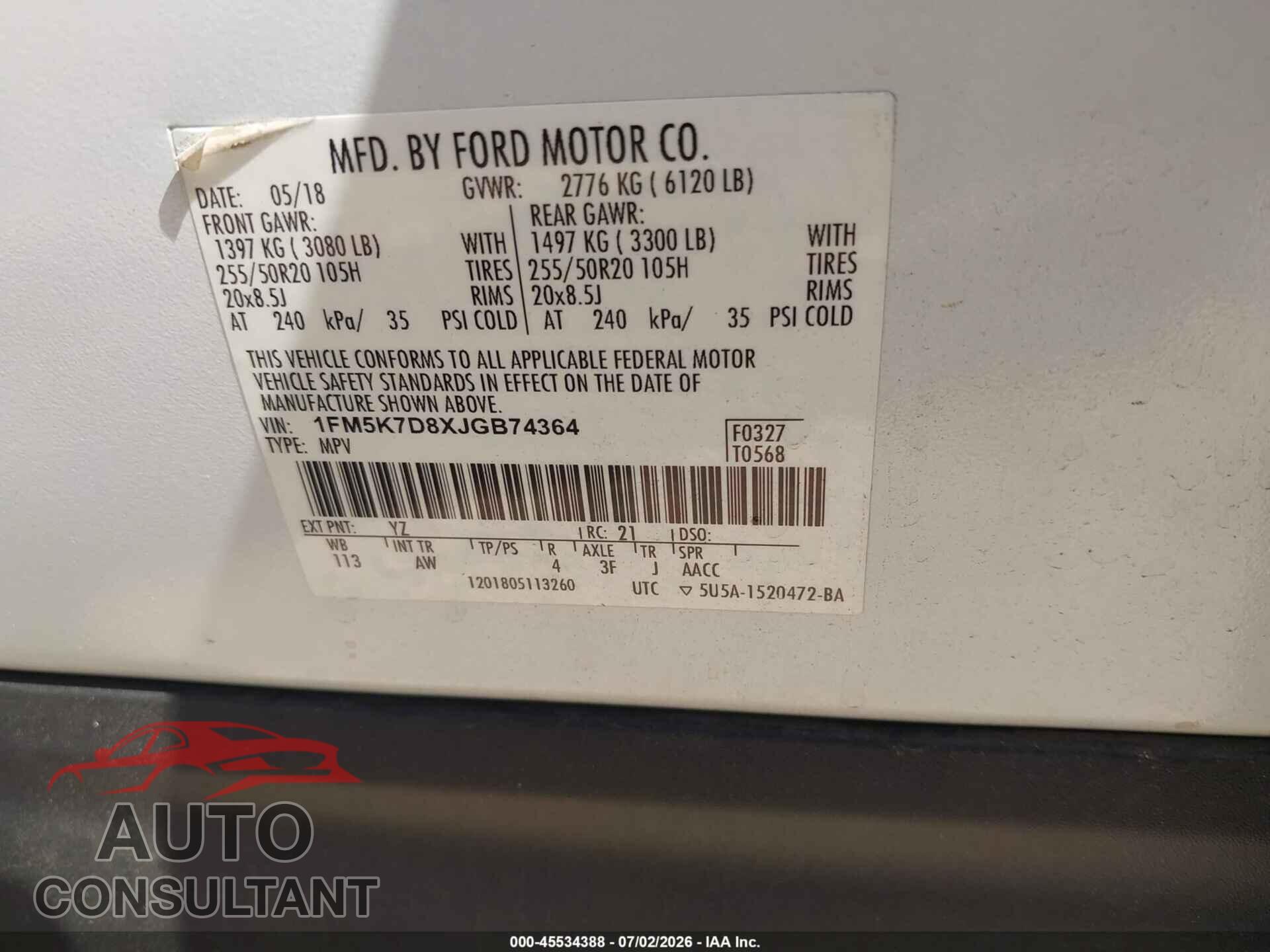 FORD EXPLORER 2018 - 1FM5K7D8XJGB74364