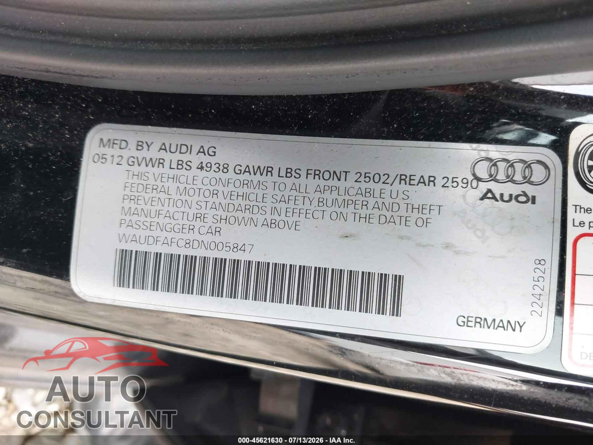 AUDI A6 2013 - WAUDFAFC8DN005847