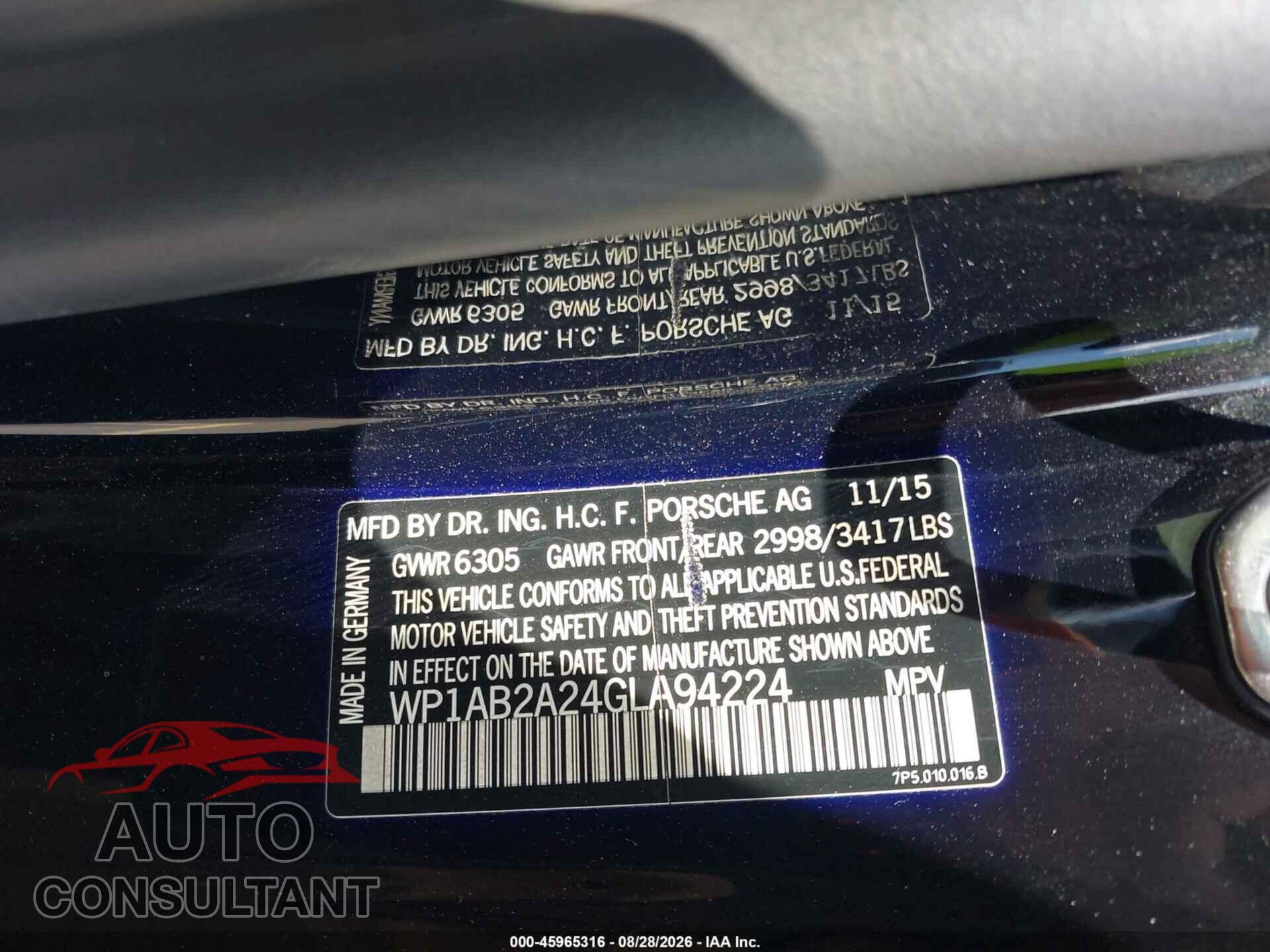PORSCHE CAYENNE 2016 - WP1AB2A24GLA94224