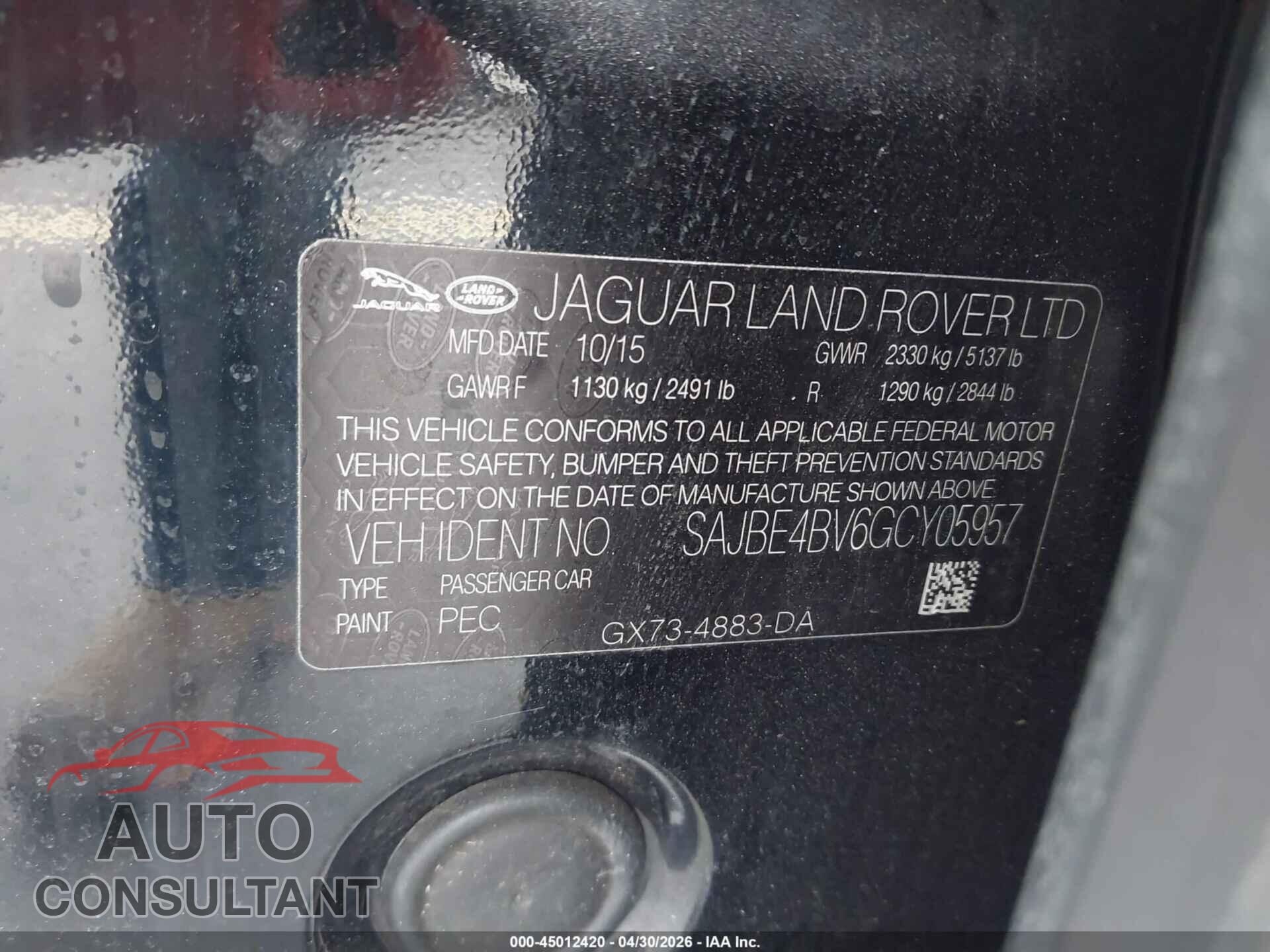 JAGUAR XF 2016 - SAJBE4BV6GCY05957