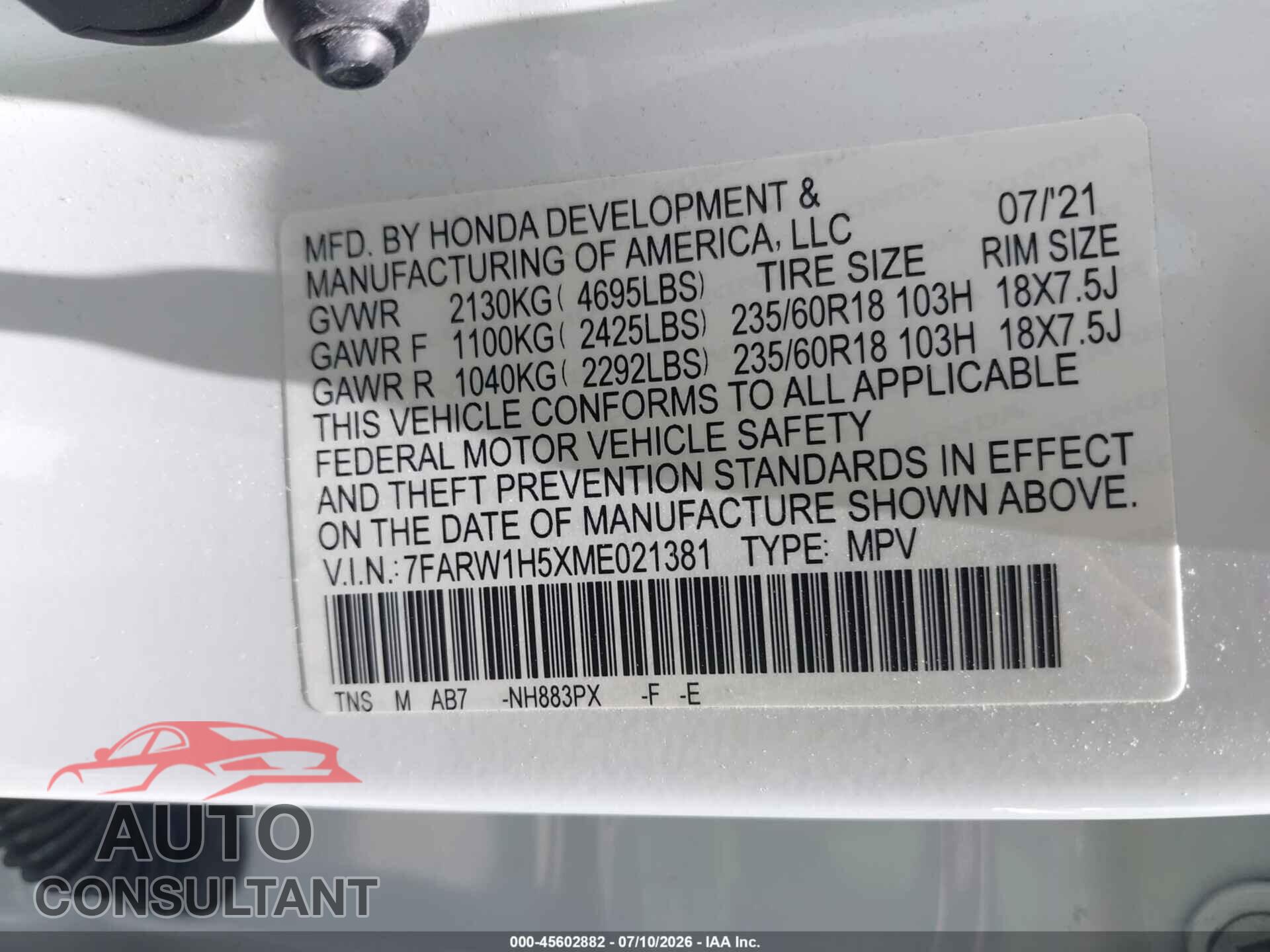 HONDA CR-V 2021 - 7FARW1H5XME021381