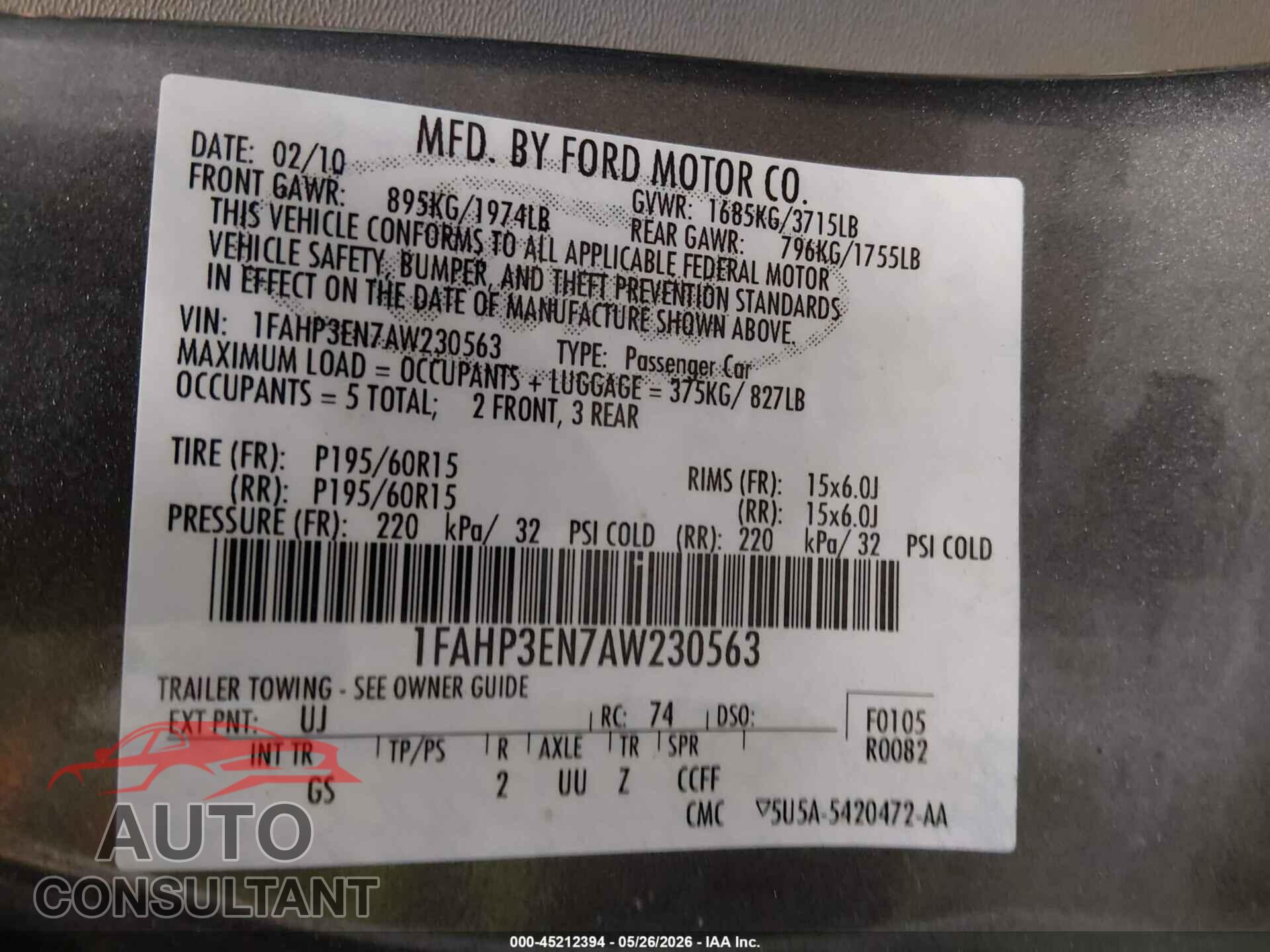 FORD FOCUS 2010 - 1FAHP3EN7AW230563