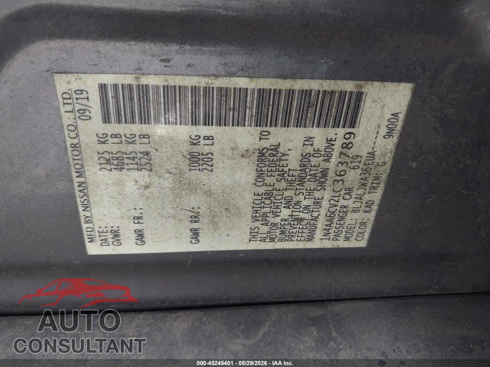 NISSAN MAXIMA 2020 - 1N4AA6CV2LC363789